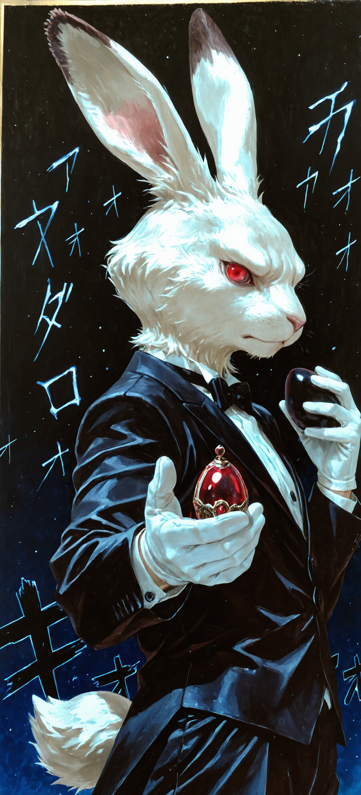 An illustration of Laplace's Demon from Rozen Maiden, an anthropomorphic white rabbit with red eyes wearing a formal black tuxedo and white gloves, holding out an ornate blue jewel against a dark background.