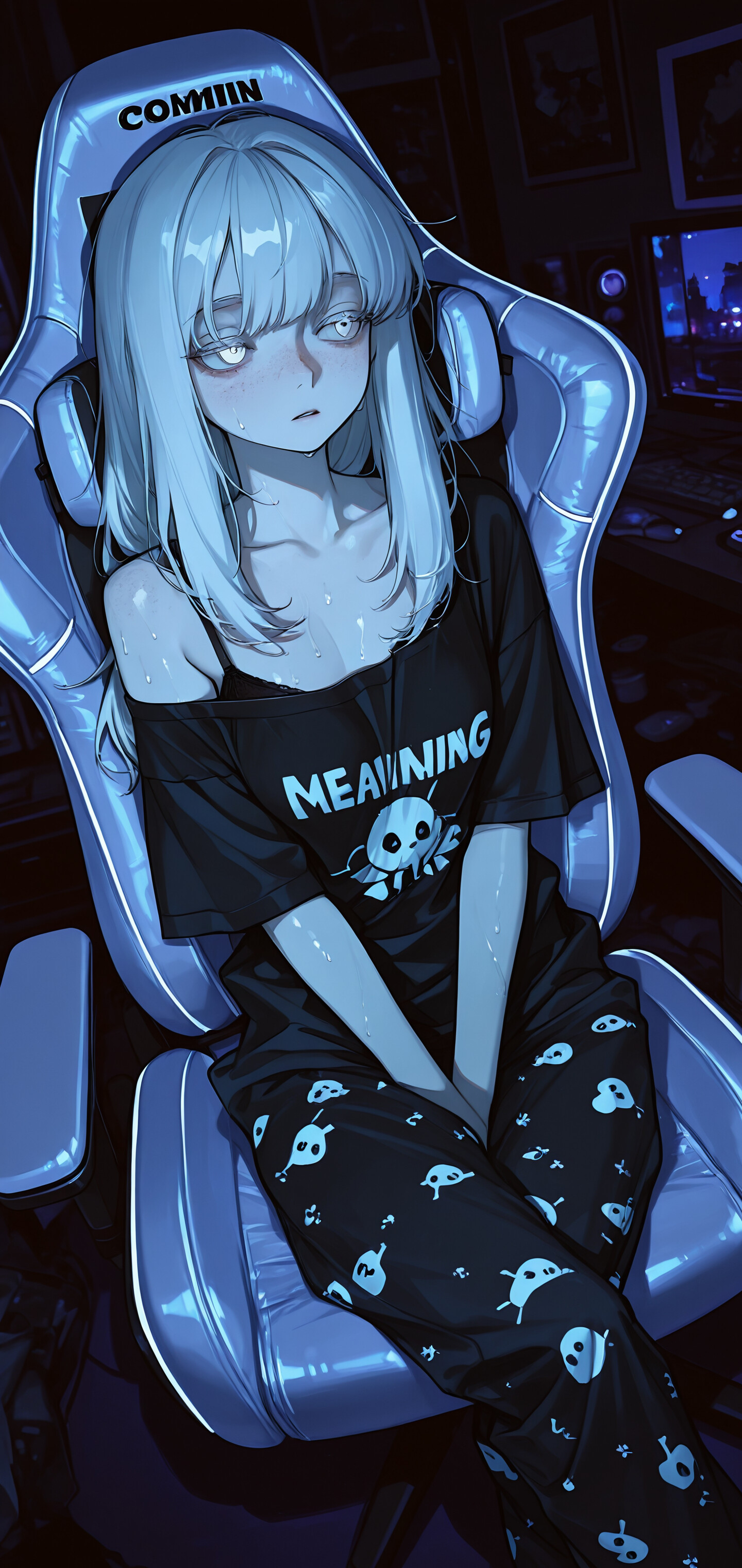 A tired-looking anime girl with long white hair sits in a glowing gaming chair in a dark room, her face illuminated by the light of her computer screens.