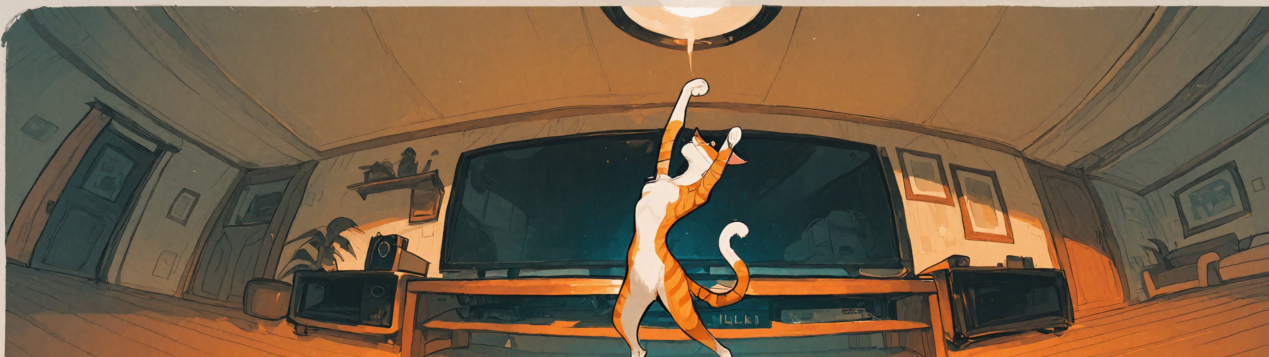 An illustration of an orange and white tabby cat standing on its hind legs in a graceful, dancing pose inside a living room, reaching one paw up towards the ceiling.