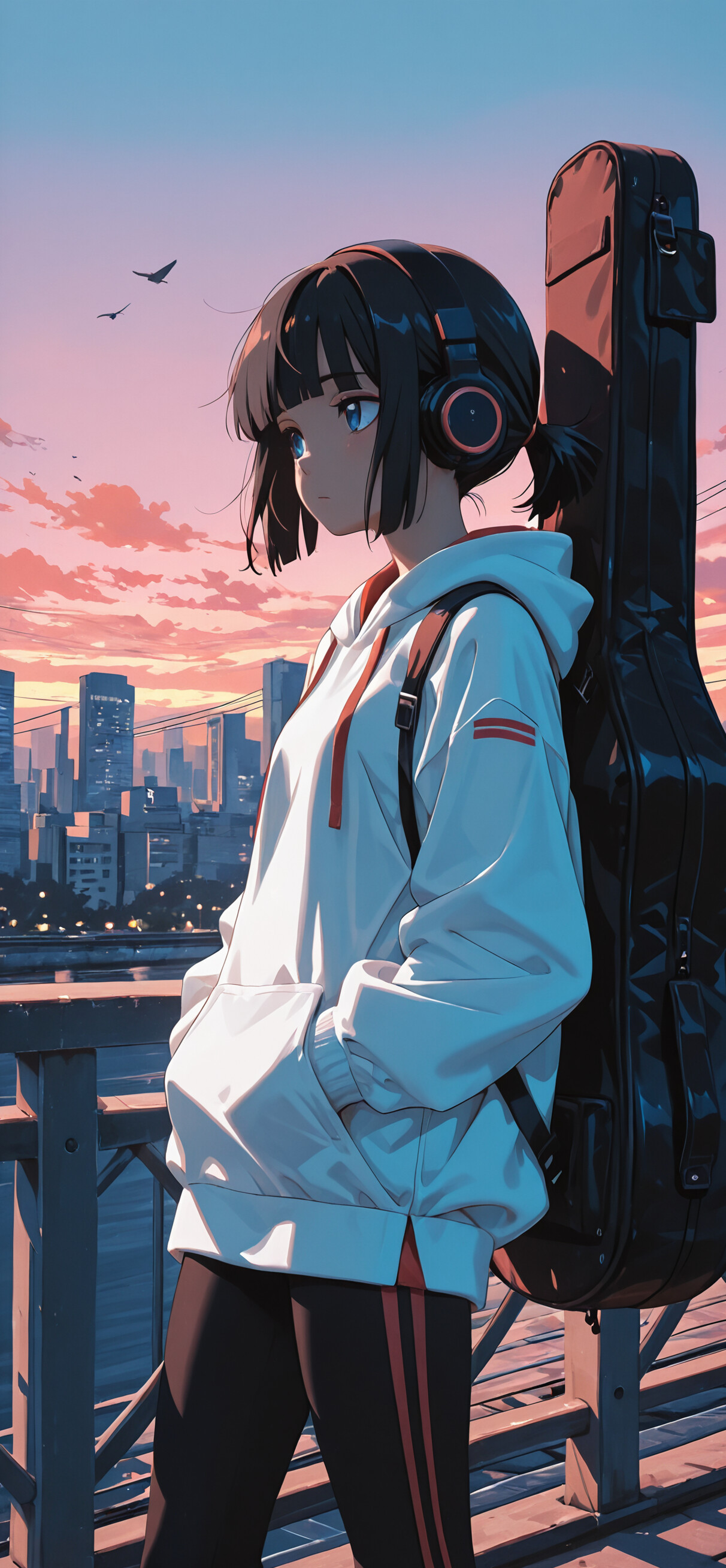 An anime girl with short black hair and headphones stands on a bridge at sunset, wearing a white 'LOFI' hoodie and carrying a guitar case, looking out at a city skyline.
