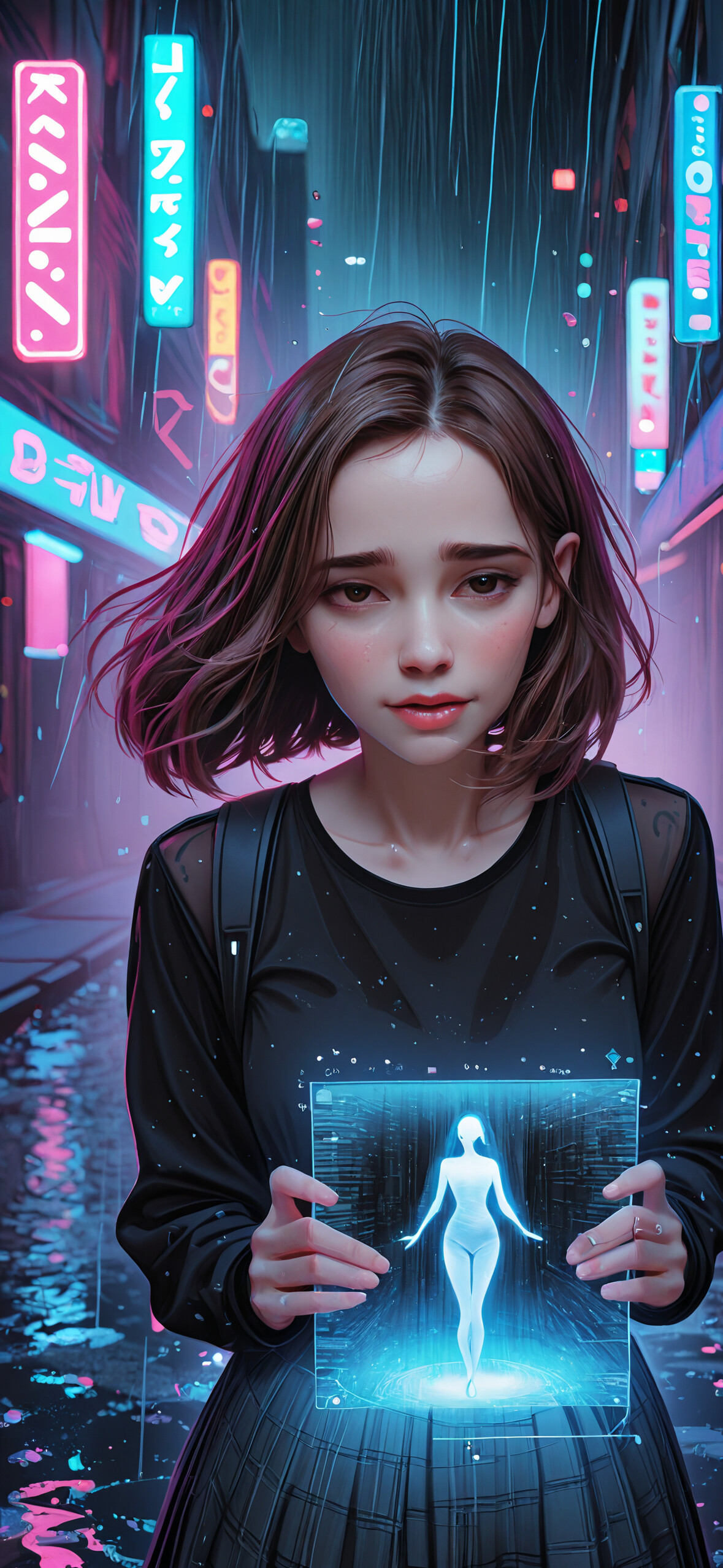 A digital art portrait of a young woman with long brown hair and wide blue eyes, looking surprised in a rainy, neon-lit cyberpunk city. Her collar glows with a blue circuit pattern as she touches her face.