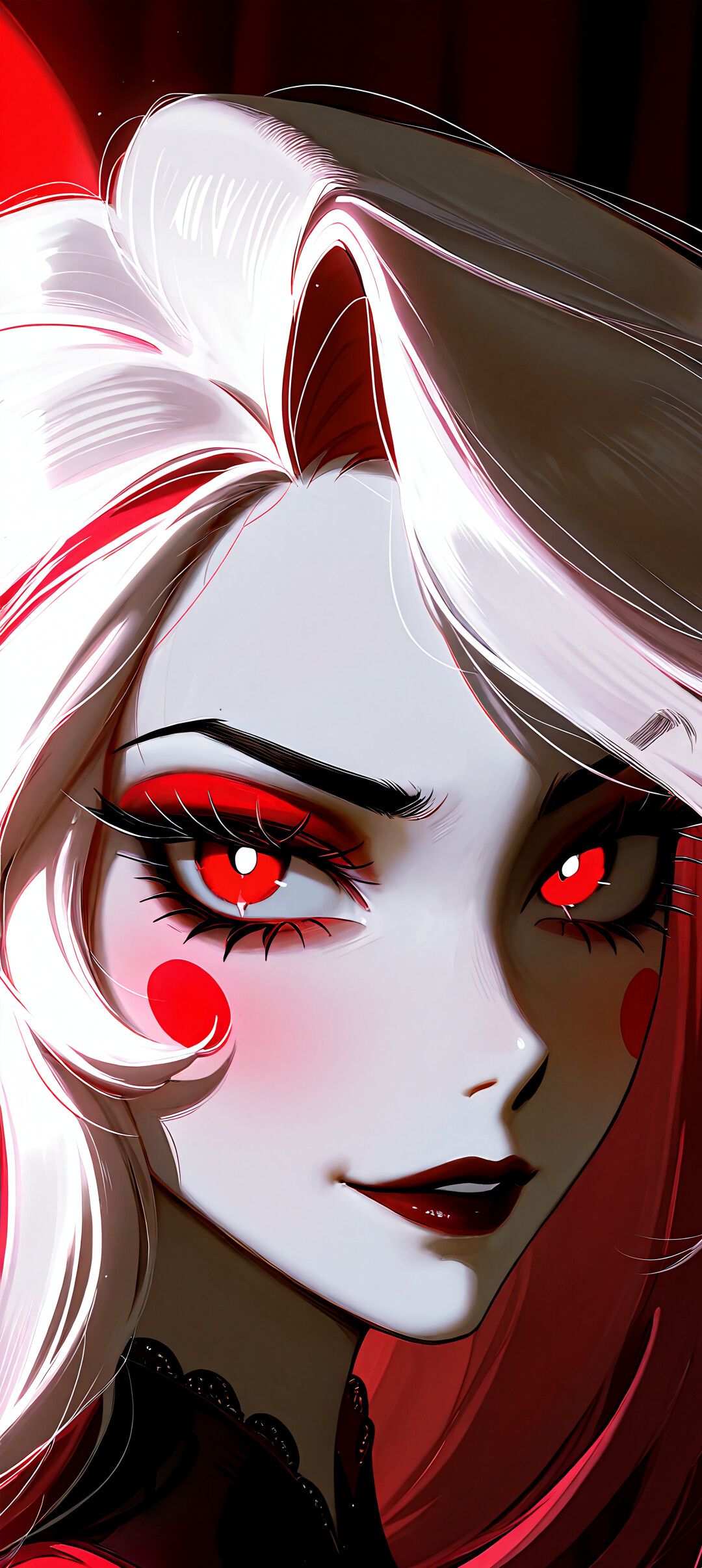 A digital art portrait of Charlie Morningstar from Hazbin Hotel. She has long, light blue hair, pale skin, and glowing red eyes with star-shaped pupils. She has red spots on her cheeks and is looking at the viewer with a slight smirk against a dark background.