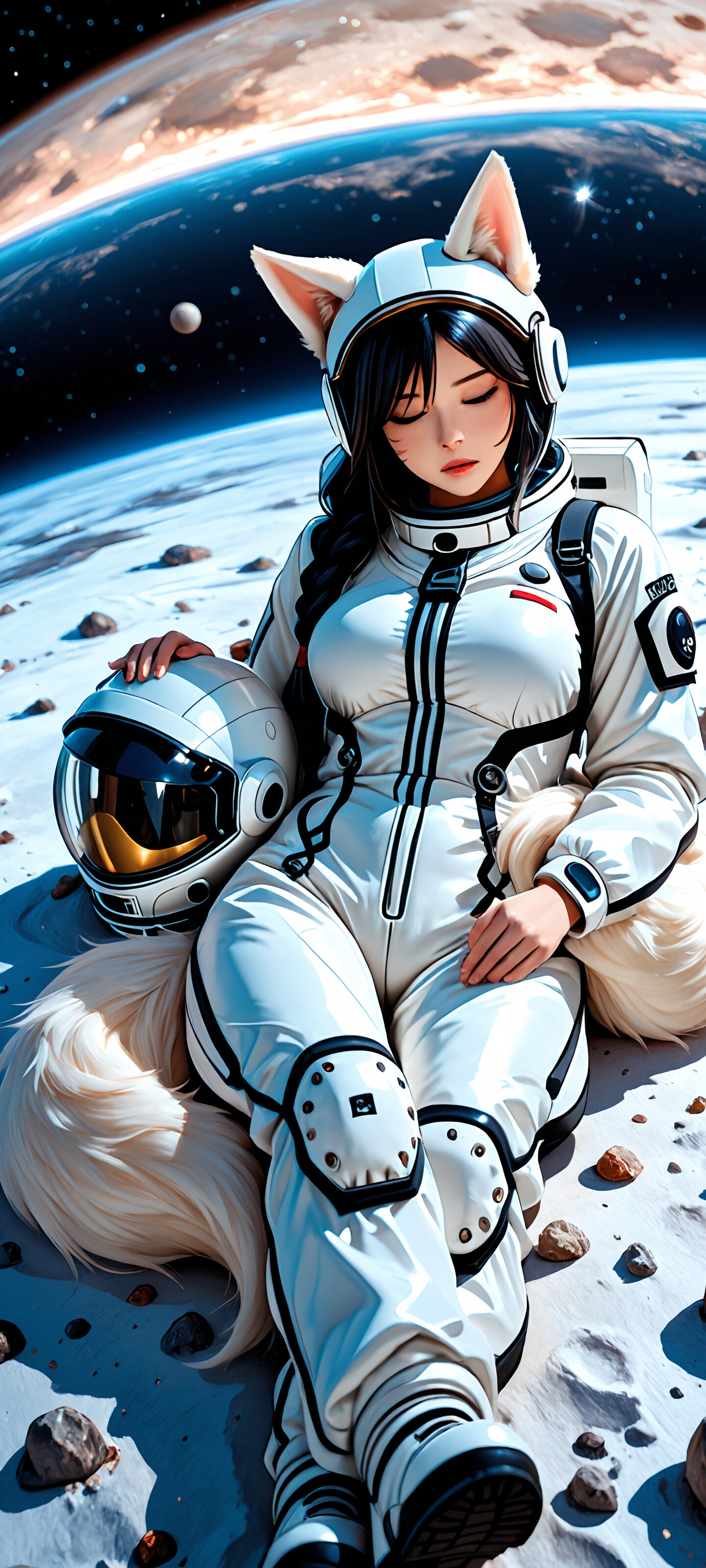 A digital illustration of the character Ahri from League of Legends as an astronaut, sleeping peacefully on a moon-like surface. She wears a white spacesuit and a helmet with fox ears, and is cradling her large, fluffy white fox tail. The Earth is visible in the starry sky behind her.