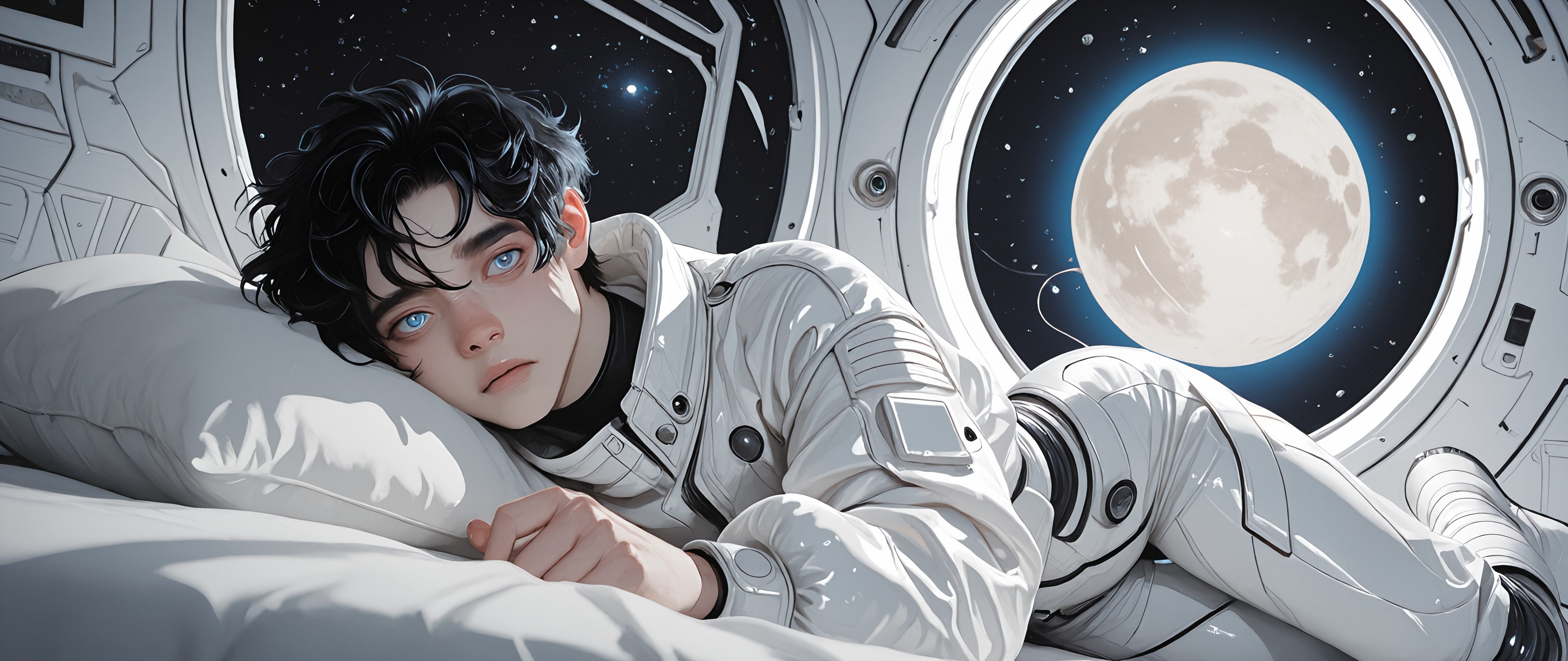 A full-body portrait of a young man with short black hair and blue eyes lying on a bed inside a spaceship. He is wearing a white futuristic suit and boots and is holding a glowing orb that looks like a small moon. A large moon and stars are visible through the window behind him.