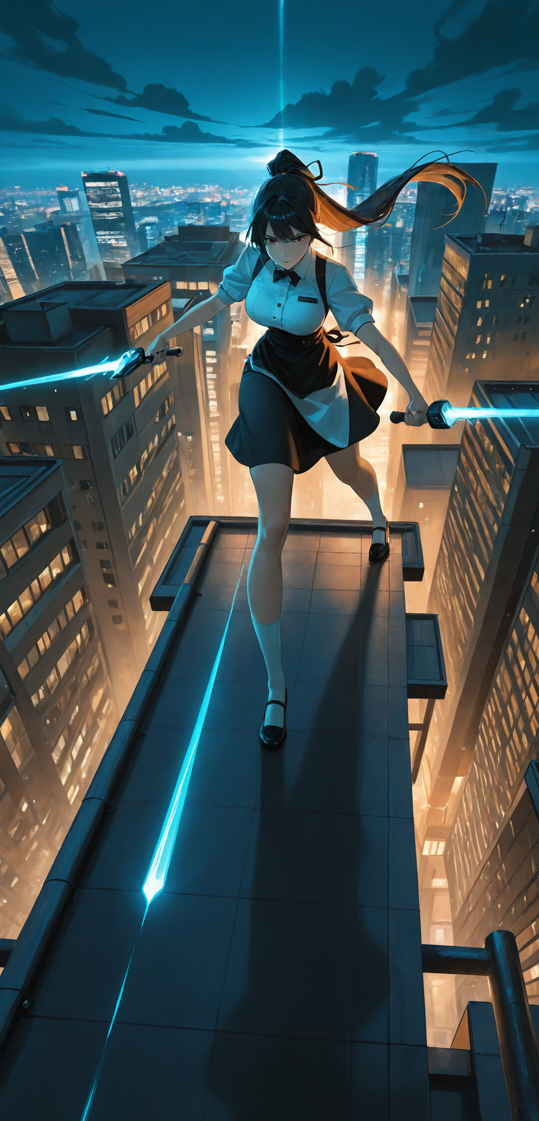 An anime-style illustration of a young woman in a maid outfit holding two glowing swords on a rooftop, with a city skyline at night in the background.