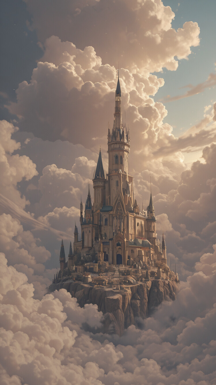 An aerial photograph of a magnificent white and grey fairytale castle with numerous towers and spires, emerging from a dense bed of clouds at sunrise or sunset.