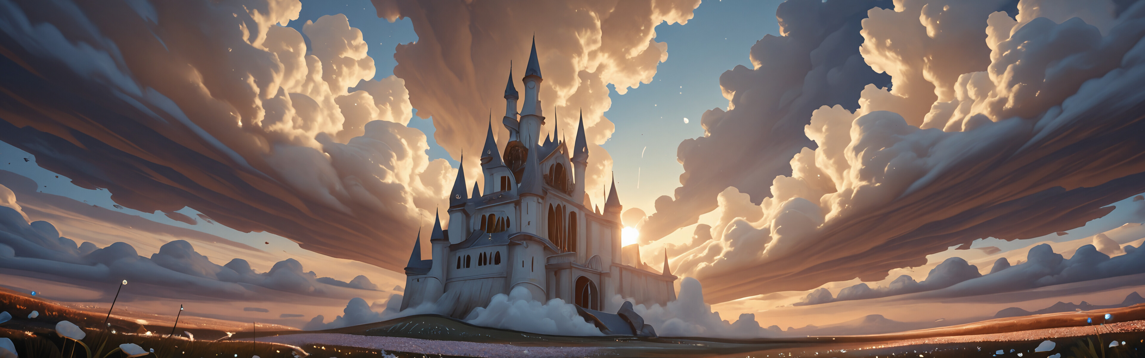 An aerial photograph of a magnificent white and grey fairytale castle with numerous towers and spires, emerging from a dense bed of clouds at sunrise or sunset.