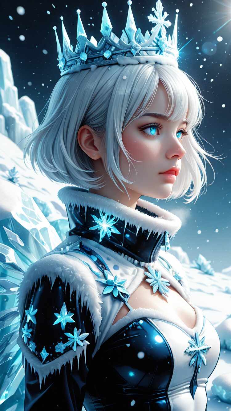 A profile portrait of a young woman with short white hair, piercing glowing blue eyes, and a crystal ice crown. She is dressed in a futuristic black and white winter coat in a snowy, mountainous setting.