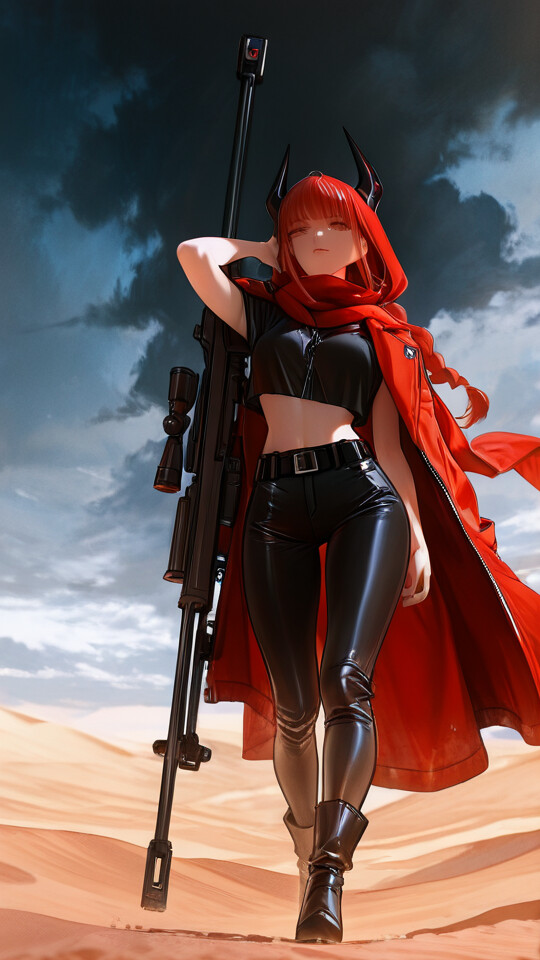 An anime-style illustration of a red-haired woman with black horns, resembling Makima from Chainsaw Man, standing in a desert. She wears a red coat, black leather outfit, and holds a large sniper rifle.