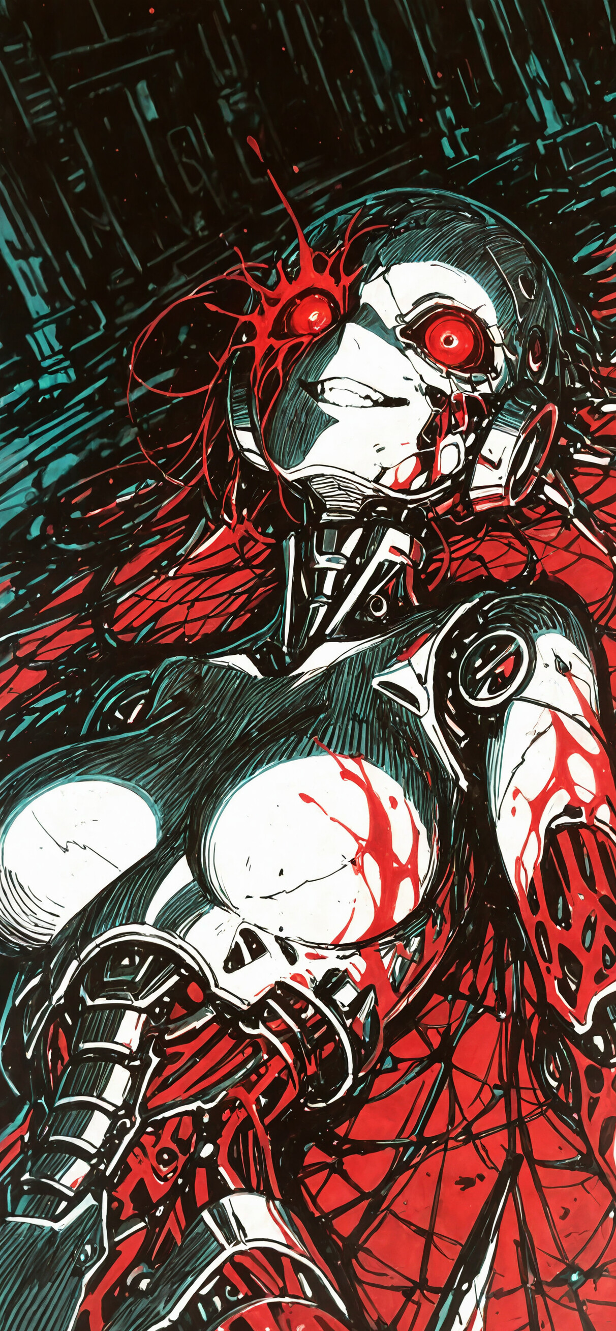 A high-contrast illustration of a dangerous female cyborg with glowing red eyes and a sinister grin. Her mechanical body is visibly damaged, and a bright red beam cuts across the image.