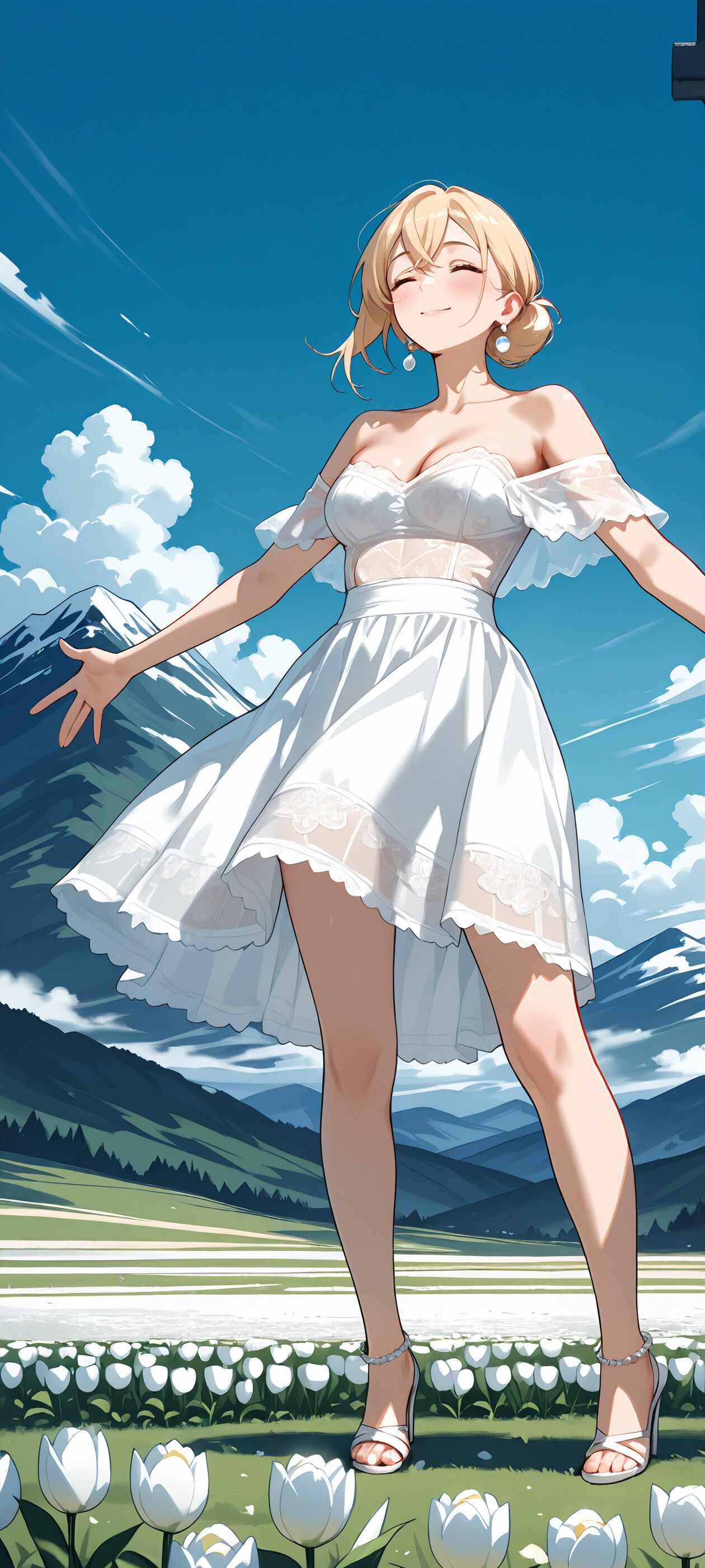Full-body illustration of Mami Nanami from Rent-a-Girlfriend in a white dress, standing joyfully in a field of white tulips with mountains in the background.