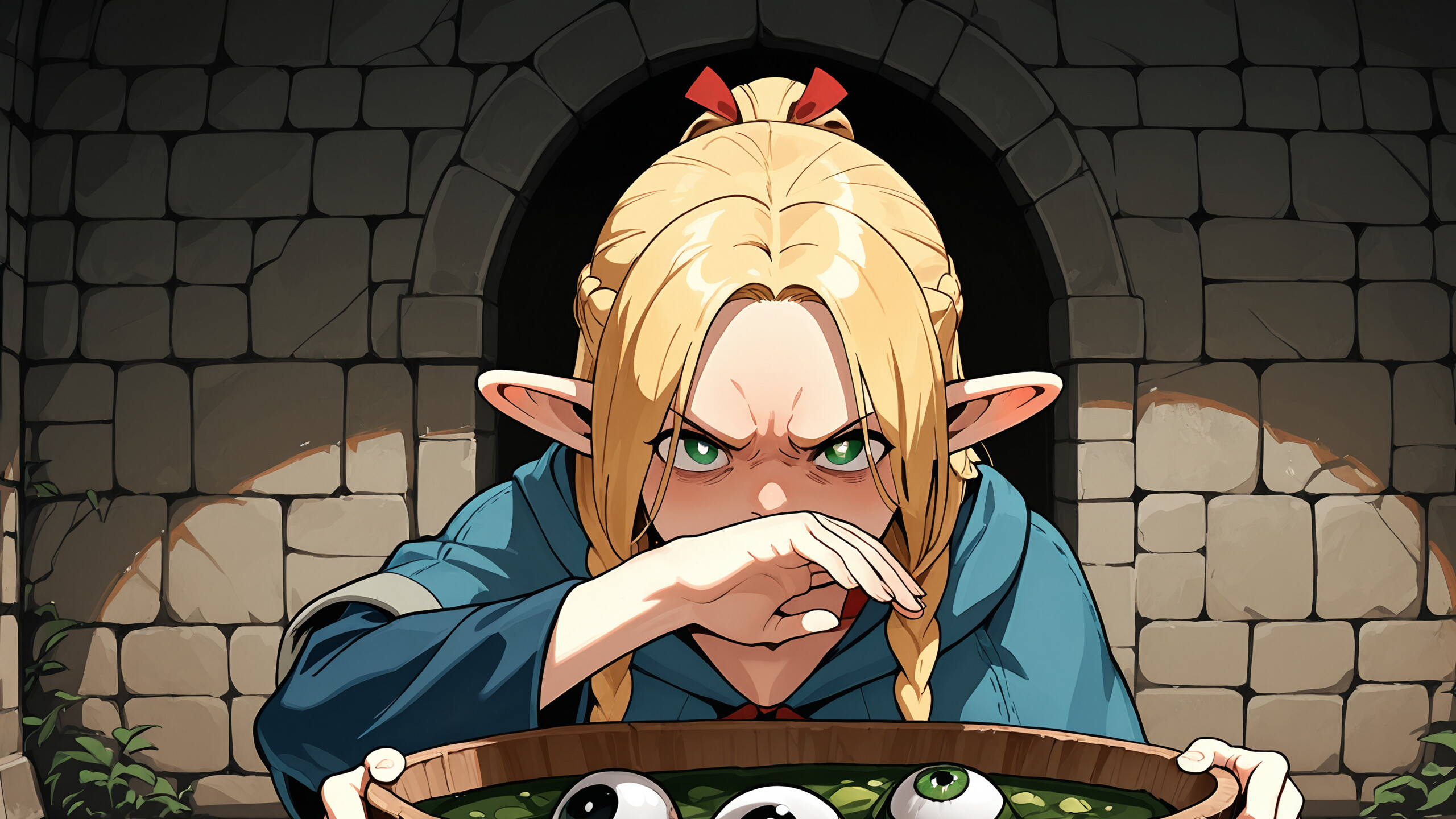 An anime-style elf with blonde braids, Marcille from Dungeon Meshi, looks shocked with her hand over her mouth while holding a wooden bowl of green soup containing three floating eyeballs.