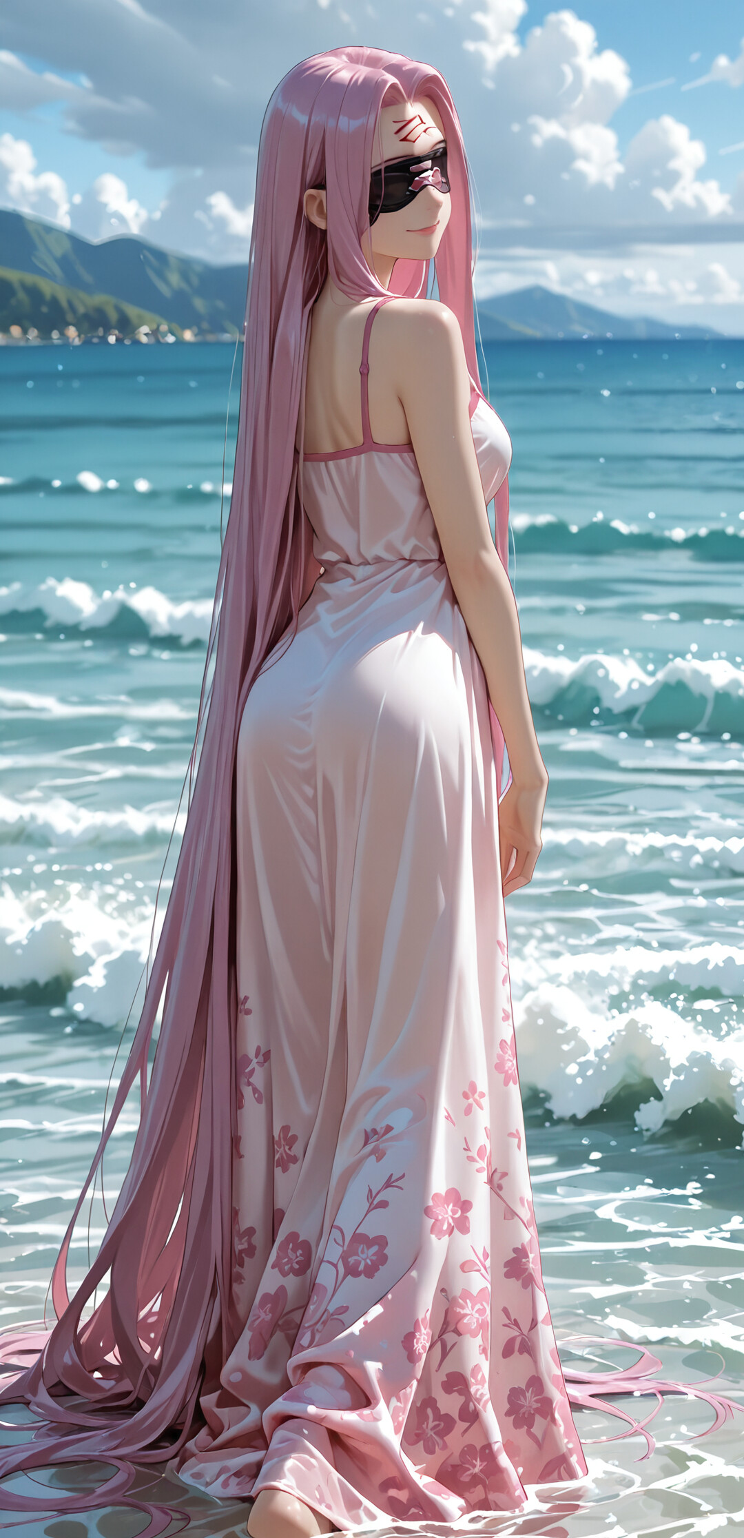A full-body illustration of Medusa (Rider) from the Fate series standing in the ocean at a beach. She has very long pink hair, a black blindfold, and is wearing a pink floral summer dress while looking back over her shoulder with a smile.