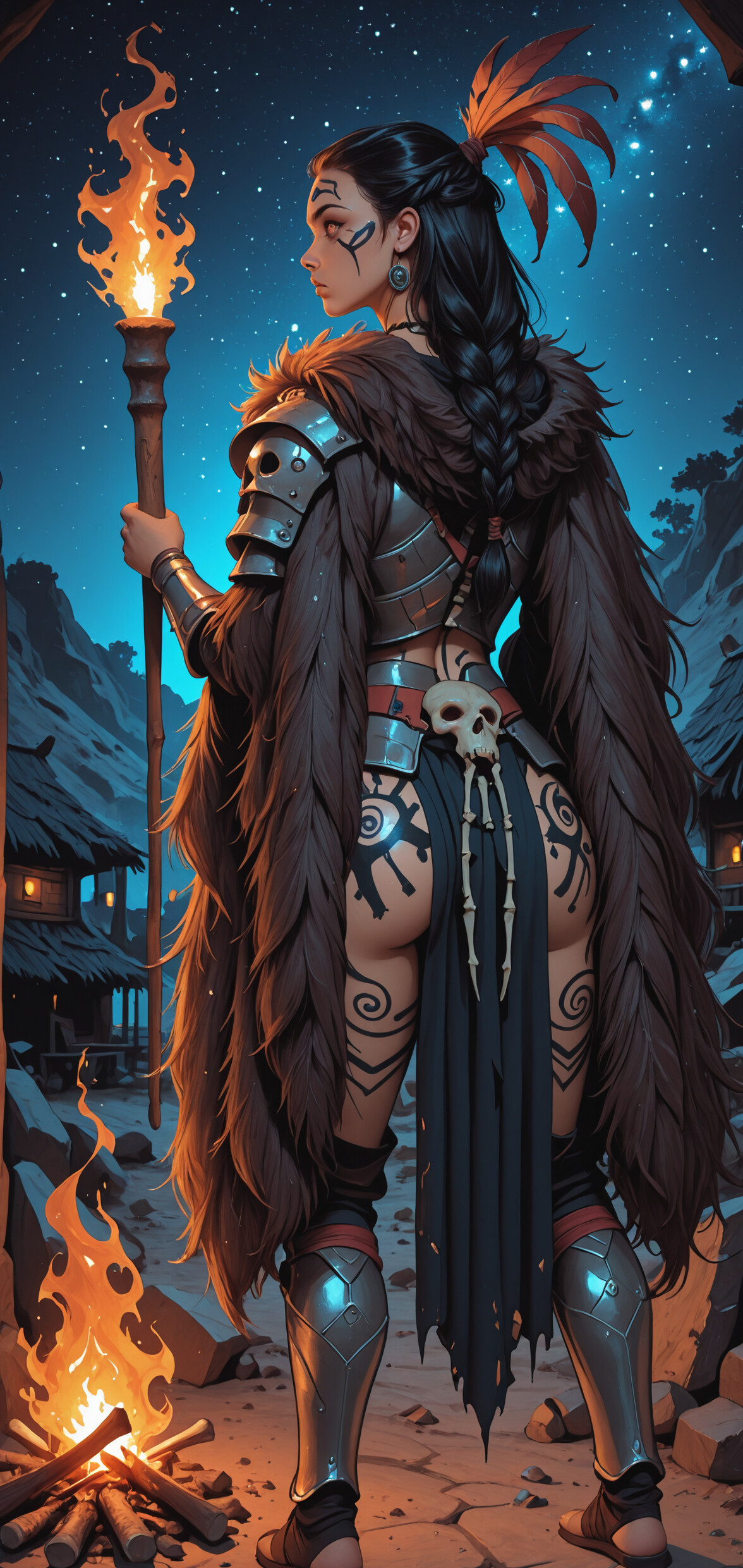 A female shaman with braided black hair and glowing red eyes, wearing armor and a fur cloak, stands in a tribal village at night, holding a flaming torch with a starry sky above.