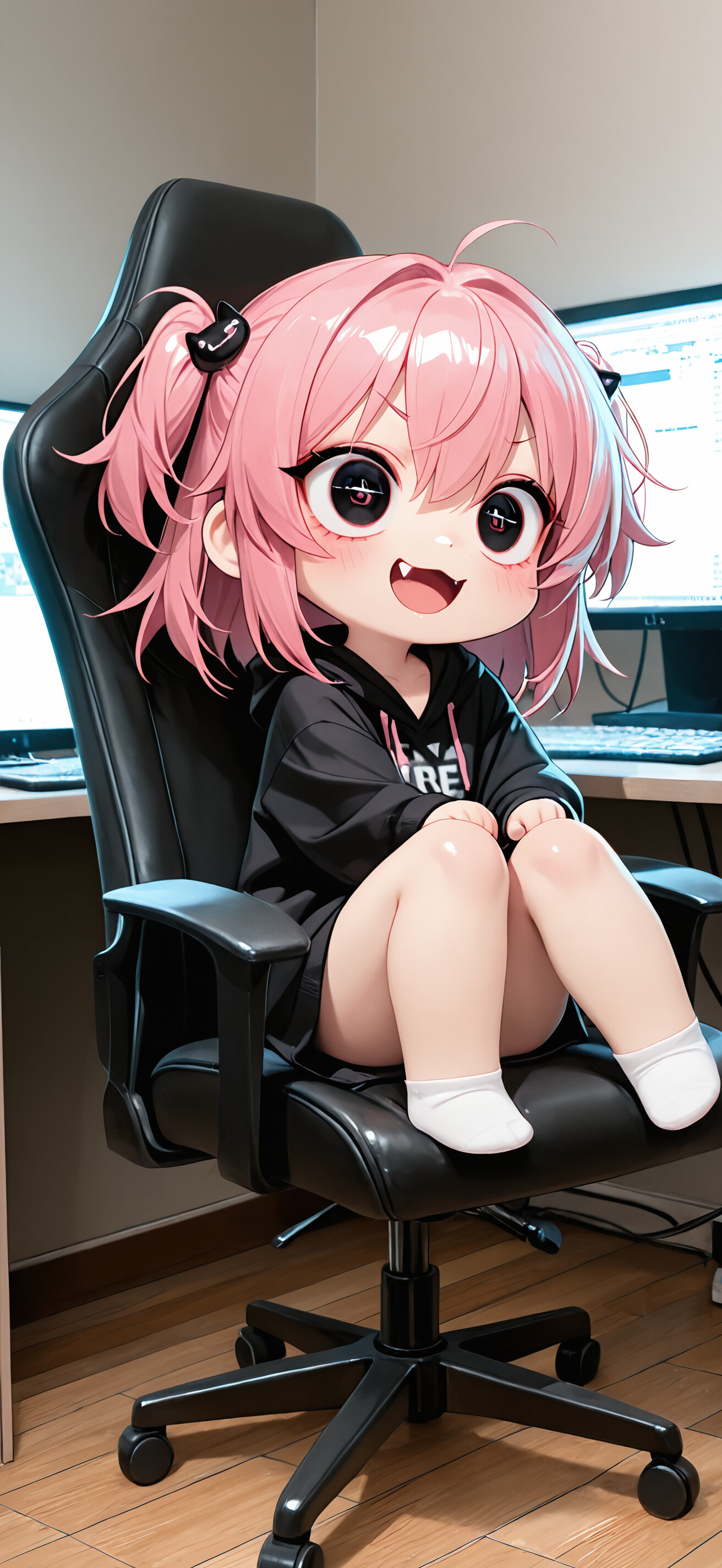A chibi anime girl with short pink hair and a fang sits at a desk in front of a computer, smiling excitedly with her hands on the keyboard.