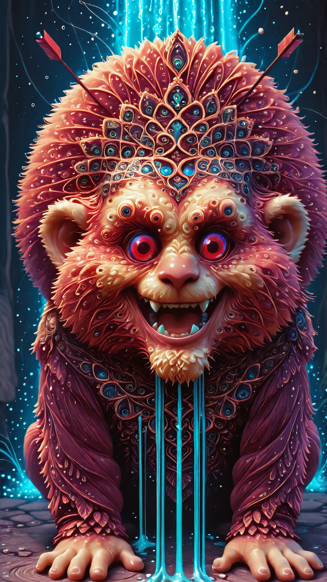 A full shot of a whimsical, furry red monster with large red eyes and a wide toothy smile. The creature is sitting in a dark, magical forest in front of a glowing blue waterfall and is holding a red arrow.