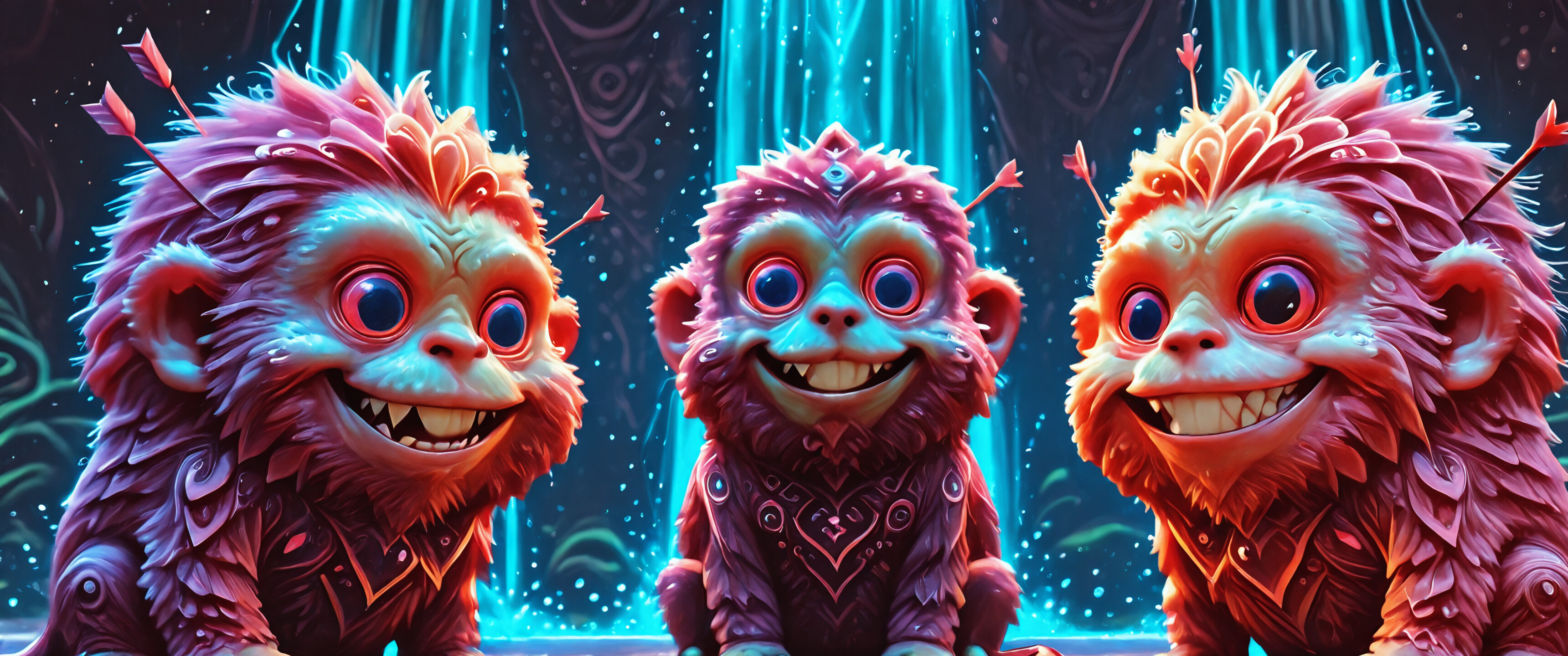 A full shot of a whimsical, furry red monster with large red eyes and a wide toothy smile. The creature is sitting in a dark, magical forest in front of a glowing blue waterfall and is holding a red arrow.