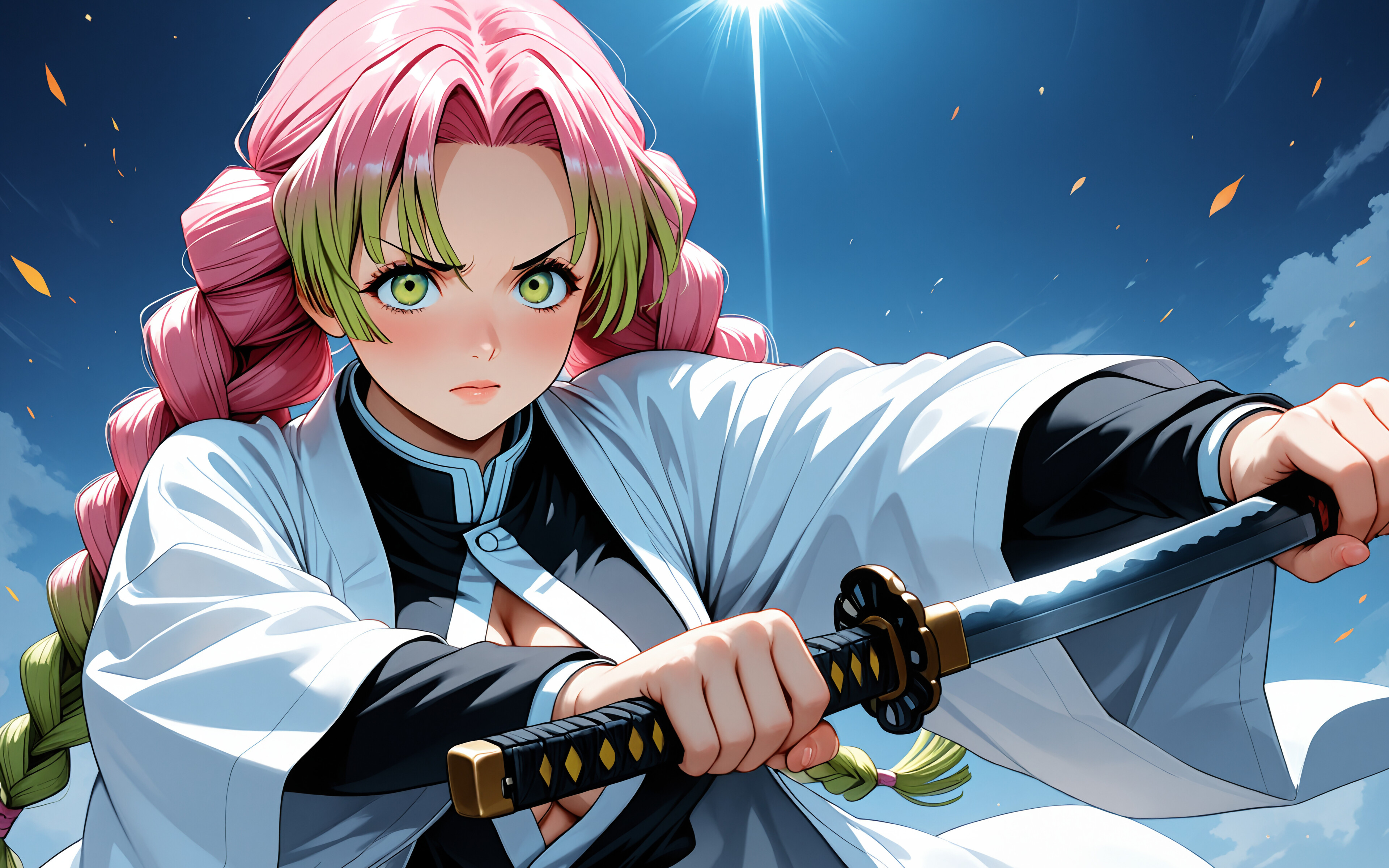 An illustration of Mitsuri Kanroji from Demon Slayer, with her signature long pink and green braided hair. She is wearing a white haori over her uniform and holds a katana with both hands, pointing it towards the viewer with a focused expression, set against a background of a snowy forest.