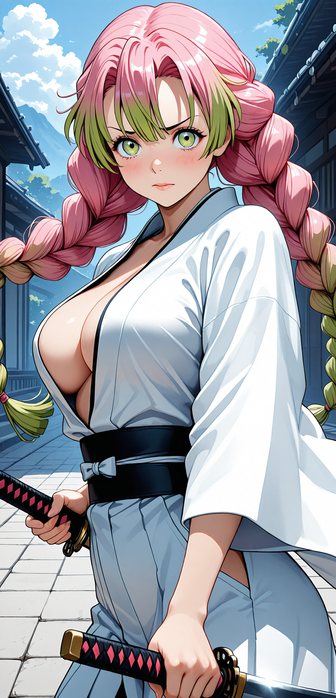 An illustration of Mitsuri Kanroji from Demon Slayer, with her signature long pink and green braided hair. She is wearing a white haori over her uniform and holds a katana with both hands, pointing it towards the viewer with a focused expression, set against a background of a snowy forest.
