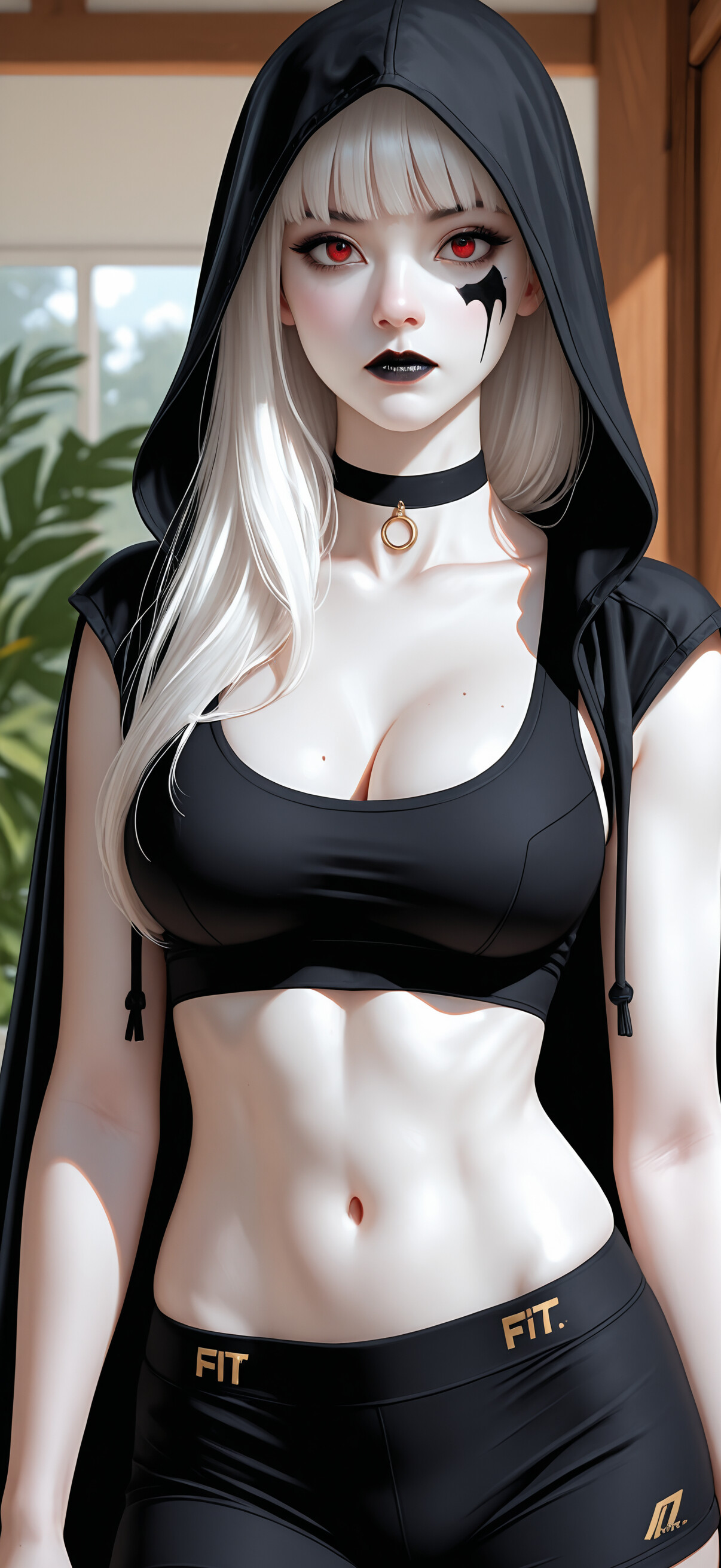 A front-facing portrait of a woman with long white hair and glowing red eyes, wearing a black sports bra and an open patterned hoodie. She has black lipstick and a tattoo on her cheek.