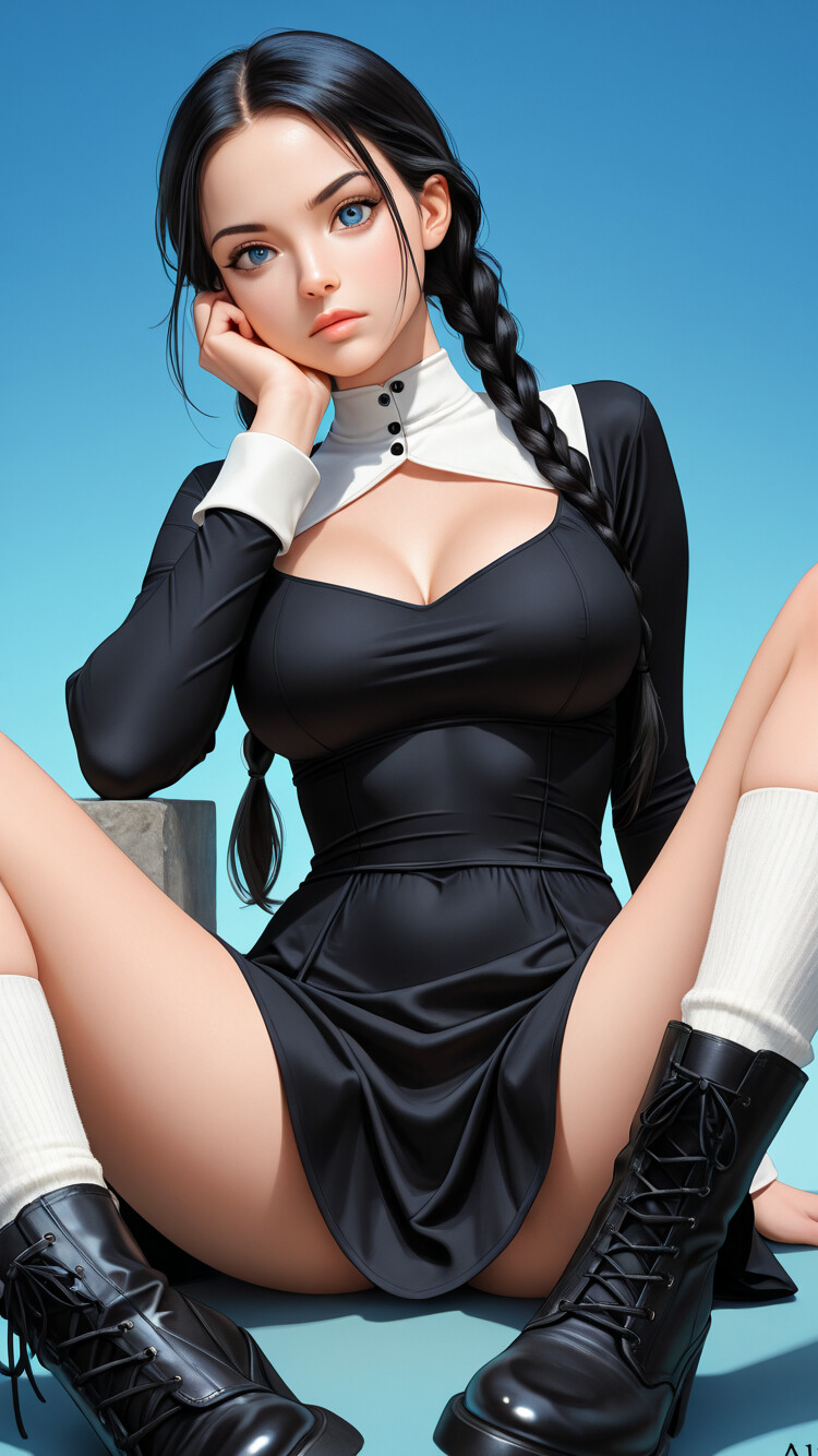 A digital illustration of Wednesday Addams sitting on a white surface against a blue sky. She has long black hair in twin braids, blue eyes, and wears a black dress with a white collar, white socks, and black combat boots.