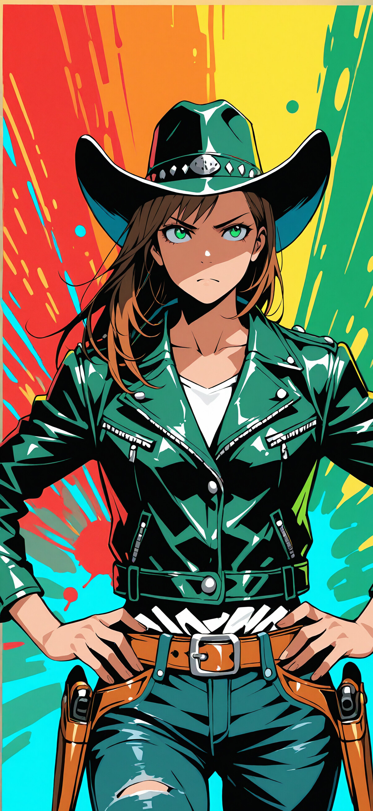 An anime-style illustration of a woman with brown hair and a black cowboy hat, wearing a black leather jacket and jeans with a gun holster, posing with hands on her hips against a colorful paint splatter background.