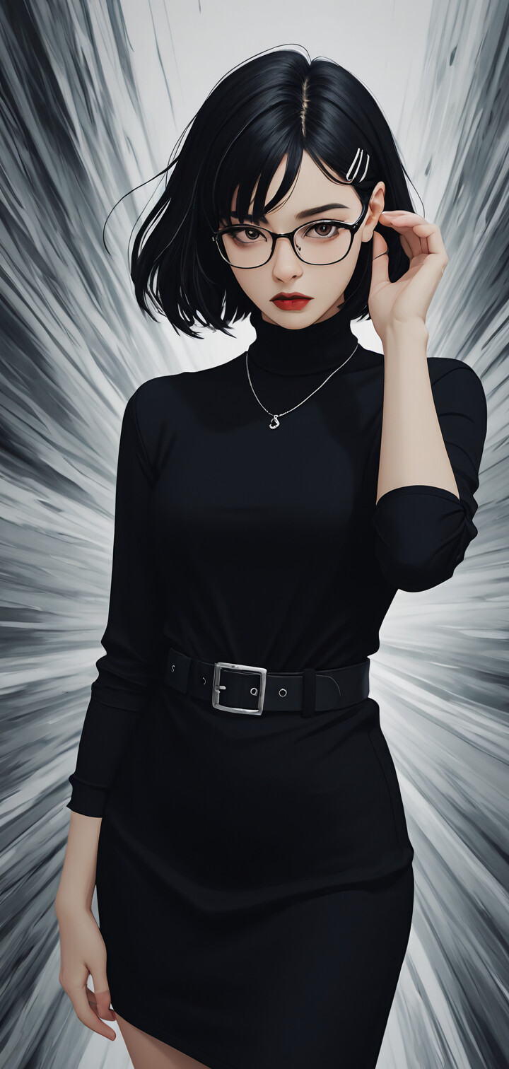 A stylish illustration of a young woman with short black hair, glasses, and red lipstick. She wears a black turtleneck dress with a belt and a pearl necklace, posing against a dynamic grey and white background.