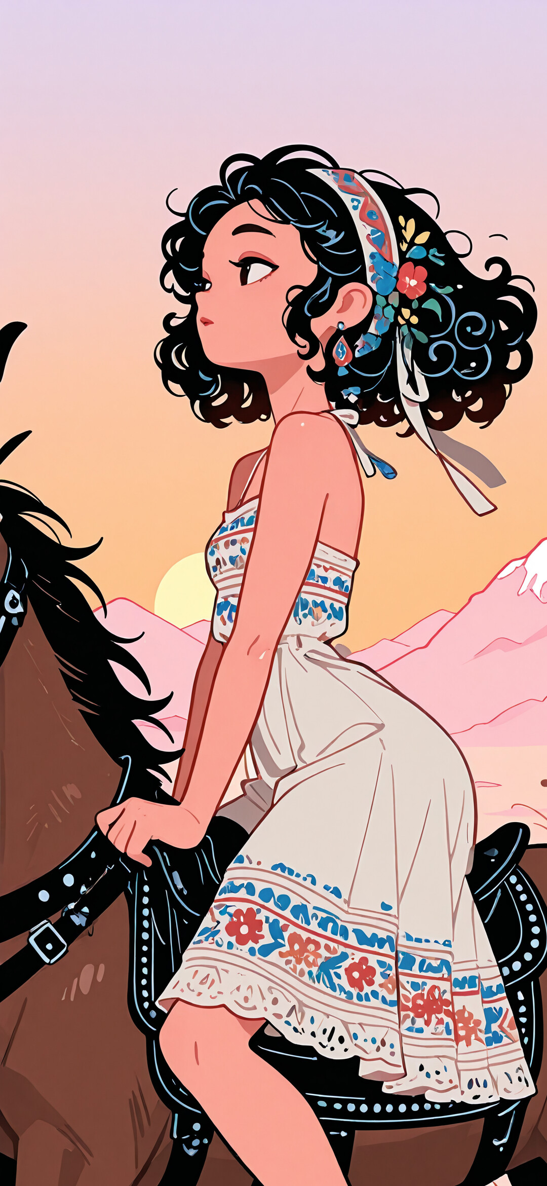 A Mongolian girl horseback riding in a scenic mountain landscape during sunrise, wearing traditional attire and a decorated saddle.