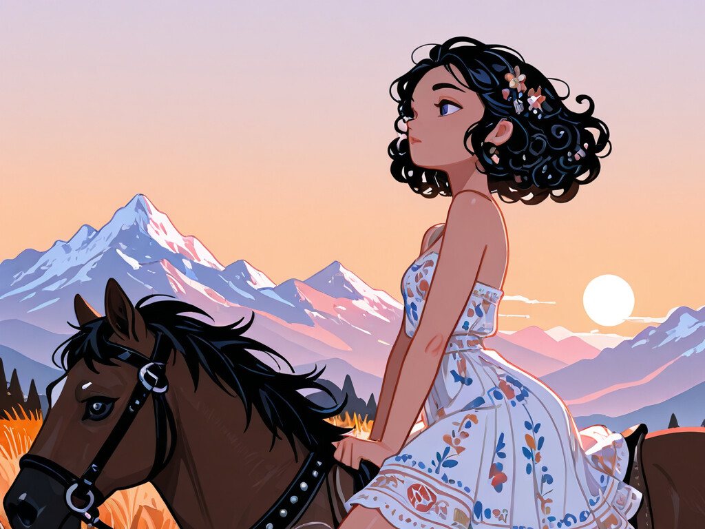 A Mongolian girl horseback riding in a scenic mountain landscape during sunrise, wearing traditional attire and a decorated saddle.