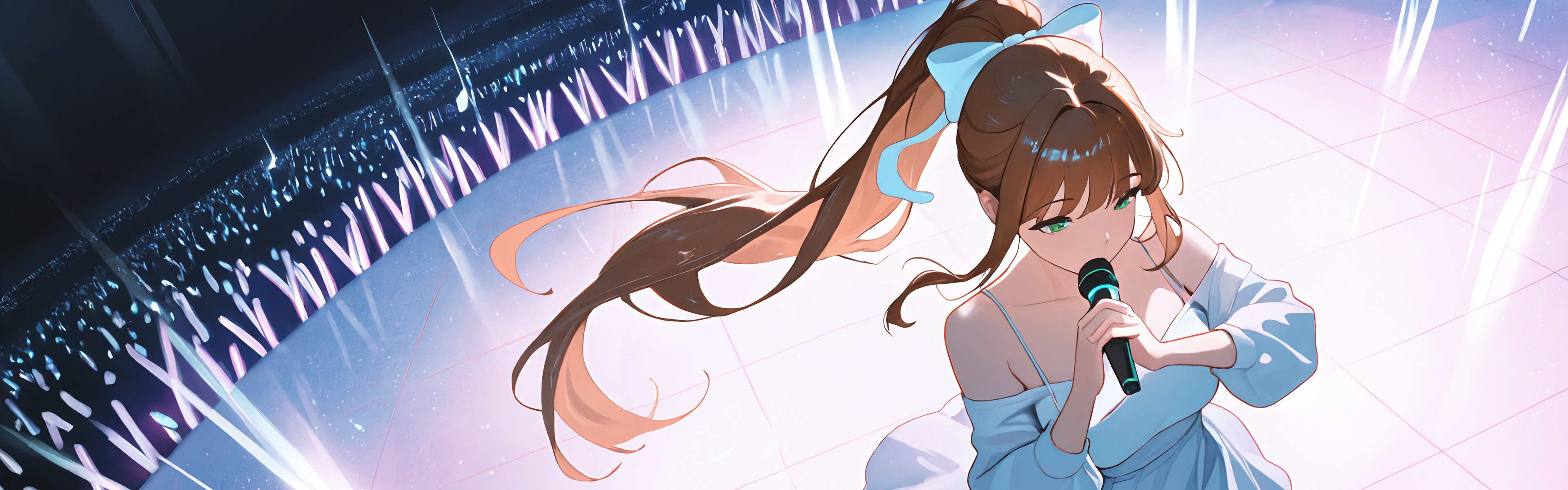 An anime-style illustration of Monika from Doki Doki Literature Club! singing on a concert stage. She has long brown hair in a ponytail with a white bow and wears a light blue dress while holding a microphone in front of a huge crowd.