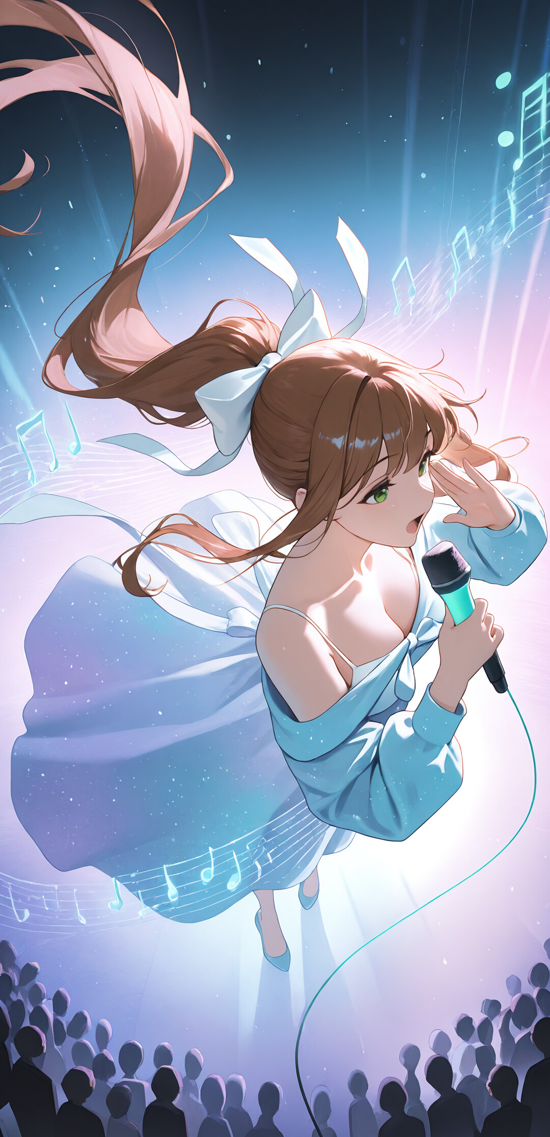 An anime-style illustration of Monika from Doki Doki Literature Club! singing on a concert stage. She has long brown hair in a ponytail with a white bow and wears a light blue dress while holding a microphone in front of a huge crowd.