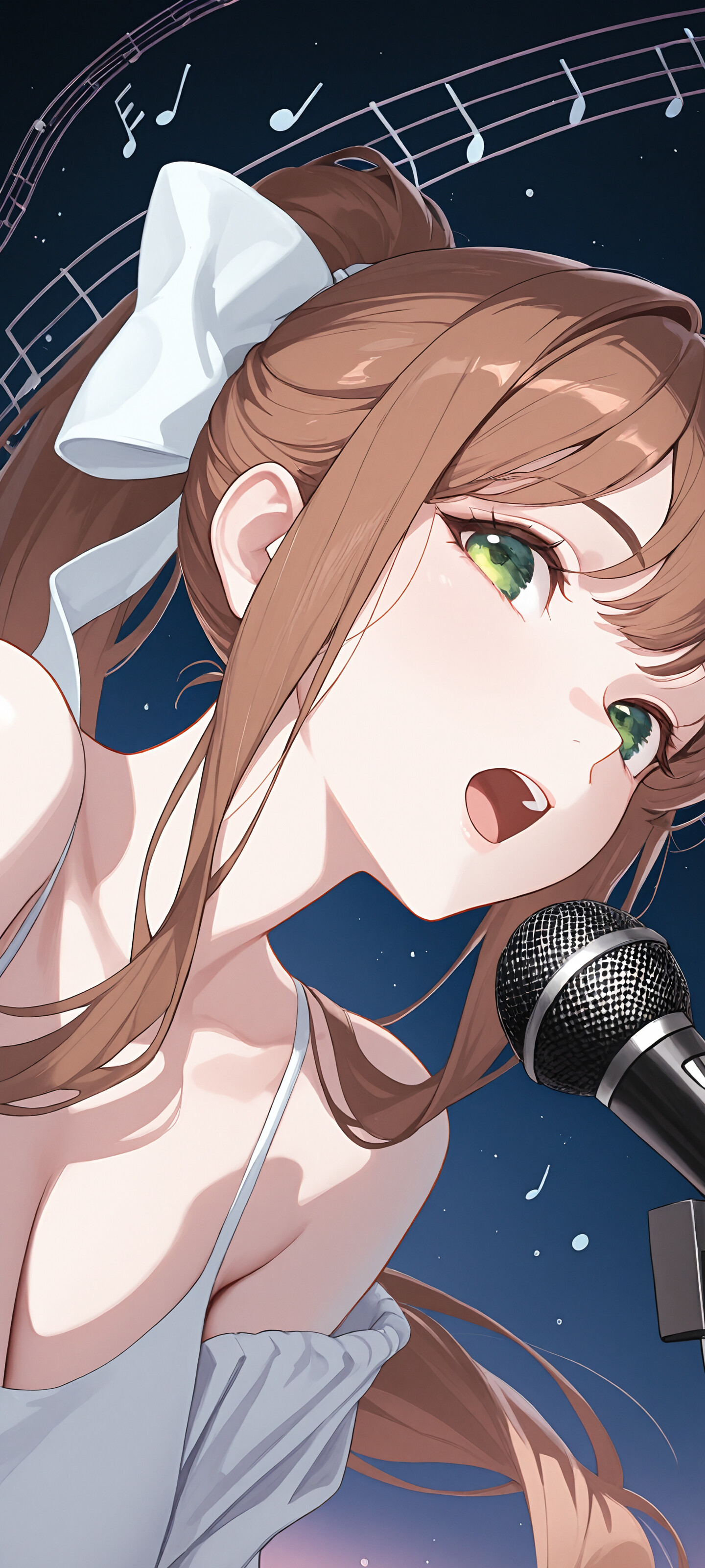 An anime-style illustration of Monika from Doki Doki Literature Club! singing into a microphone. She has long brown hair in a ponytail with a white ribbon and expressive green eyes against a dark blue background with musical notes.