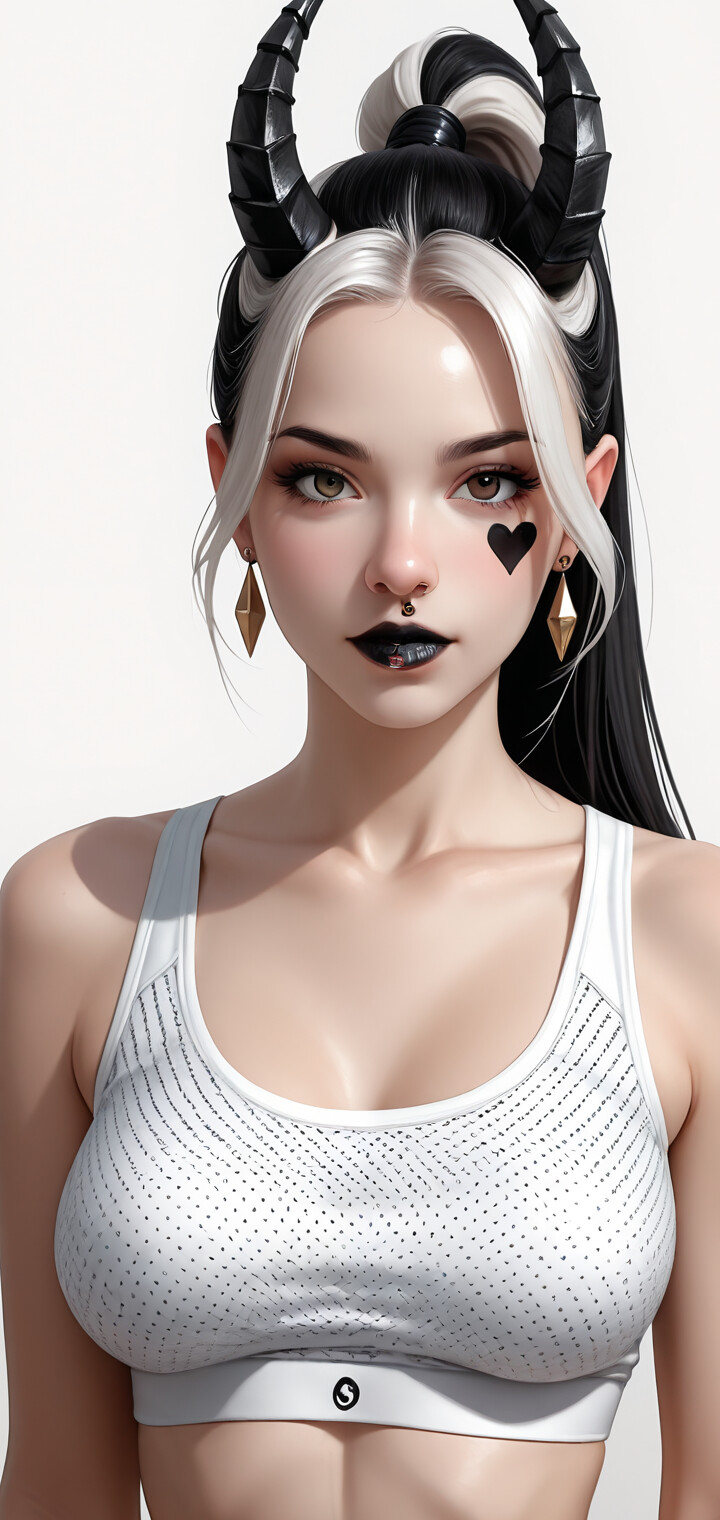 A digital illustration of a young woman with black horns, split black and white hair, green eyes, and a heart on her cheek, wearing a white and black patterned sports bra against a plain white background.
