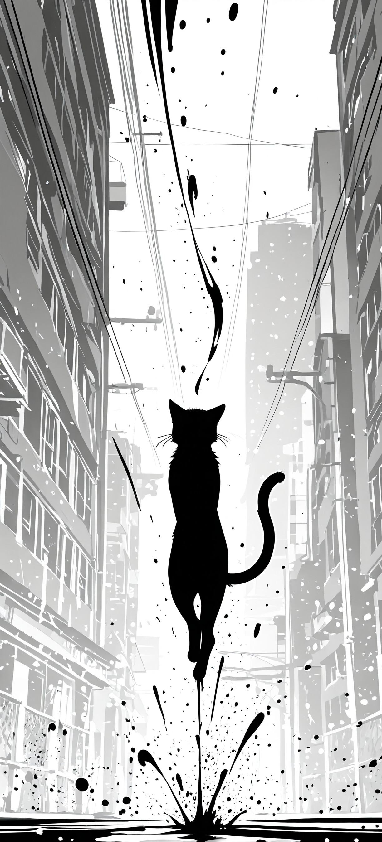 A black silhouette of a cat sits in the middle of a large, explosive splash of black ink against a white background, with lines of ink radiating outwards in a dynamic composition.