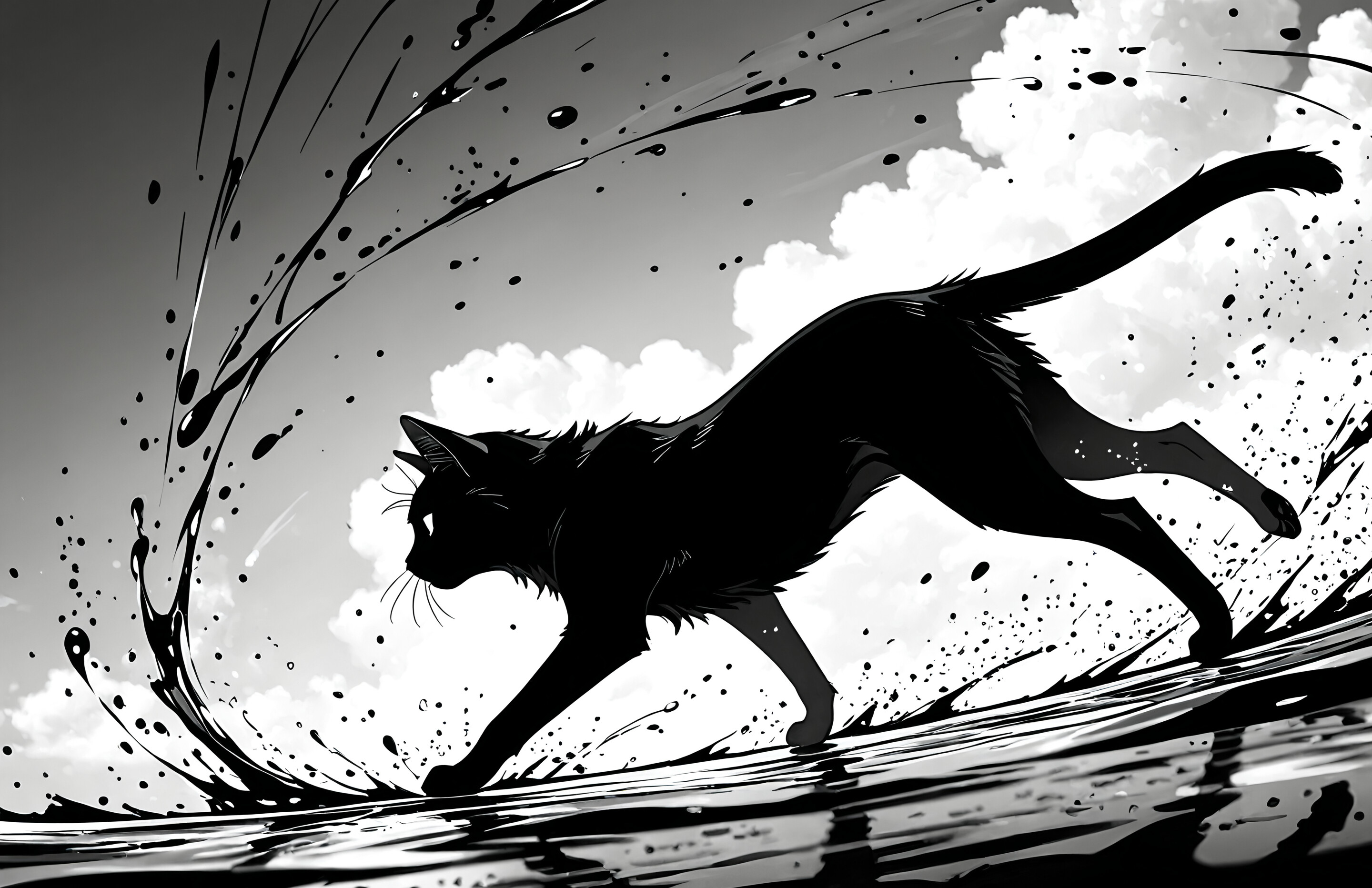 A black silhouette of a cat sits in the middle of a large, explosive splash of black ink against a white background, with lines of ink radiating outwards in a dynamic composition.