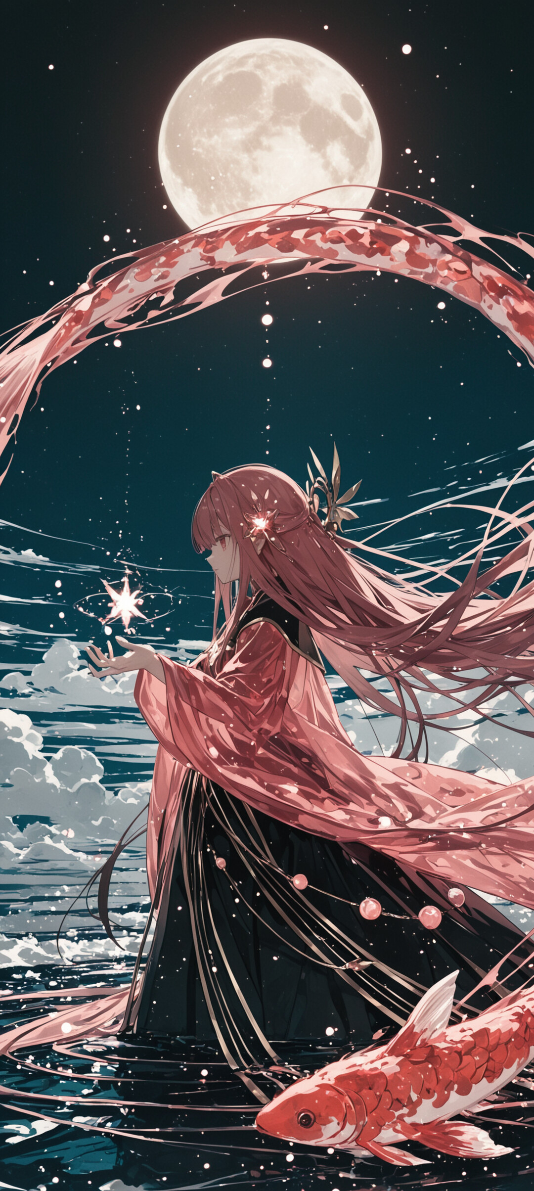 An anime-style illustration of a woman with long pink hair in a flowing traditional robe, standing under a large full moon at night. A glowing koi fish floats in front of her outstretched hand.