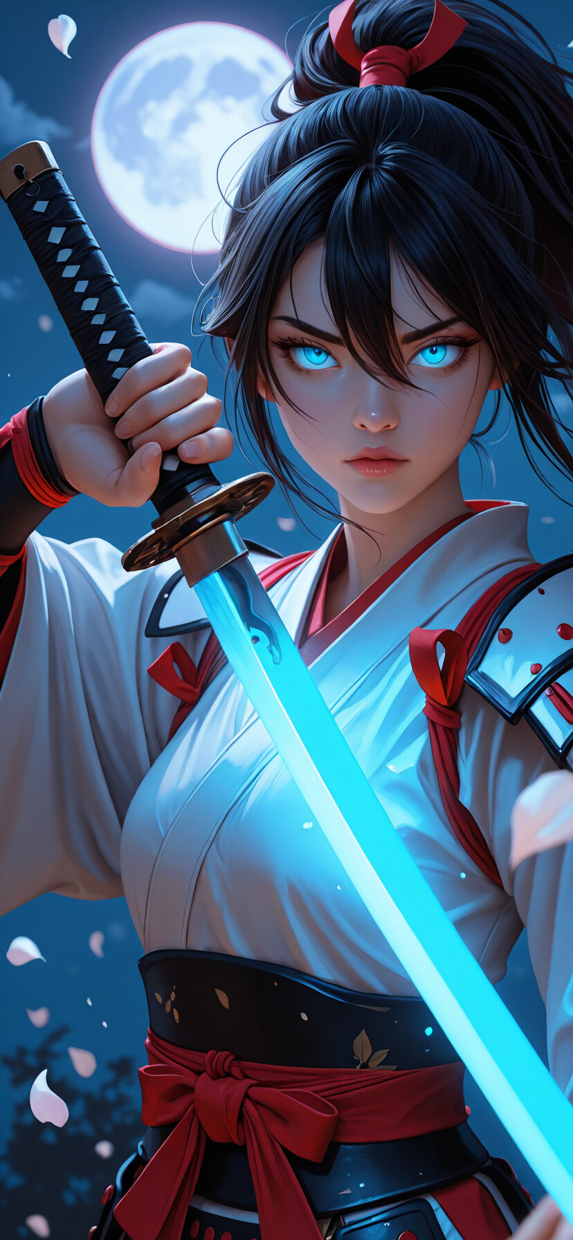 A young female samurai with black hair and glowing blue eyes holds a katana in front of a large full moon at night, with white petals floating around her.