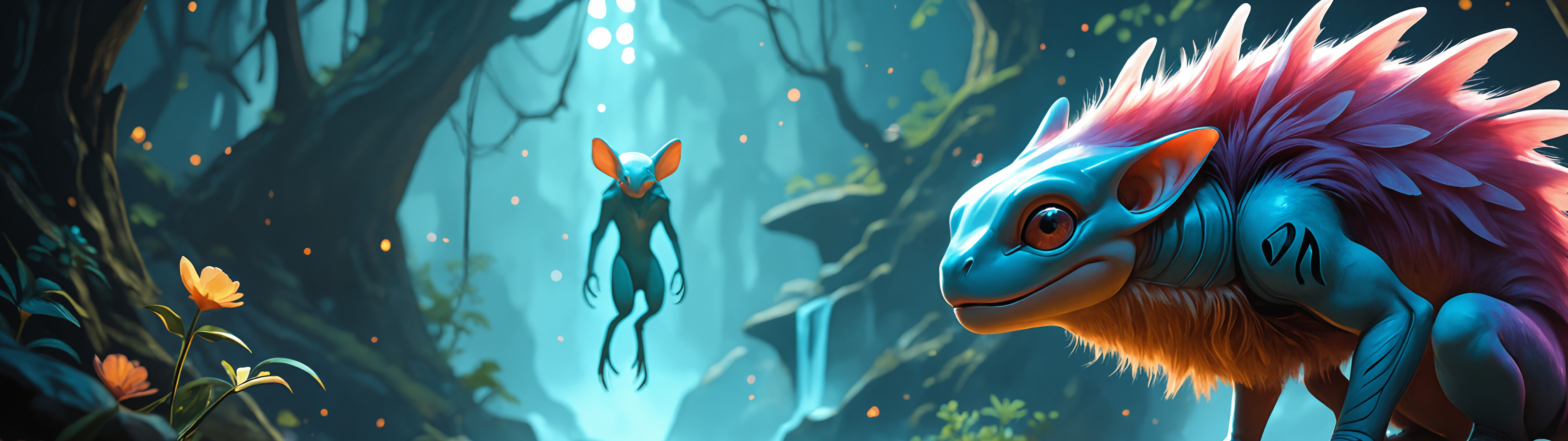 A four-legged, turquoise alien creature with a mane of orange fur and large, round ears stands on a rock in a lush, magical jungle next to a stream.