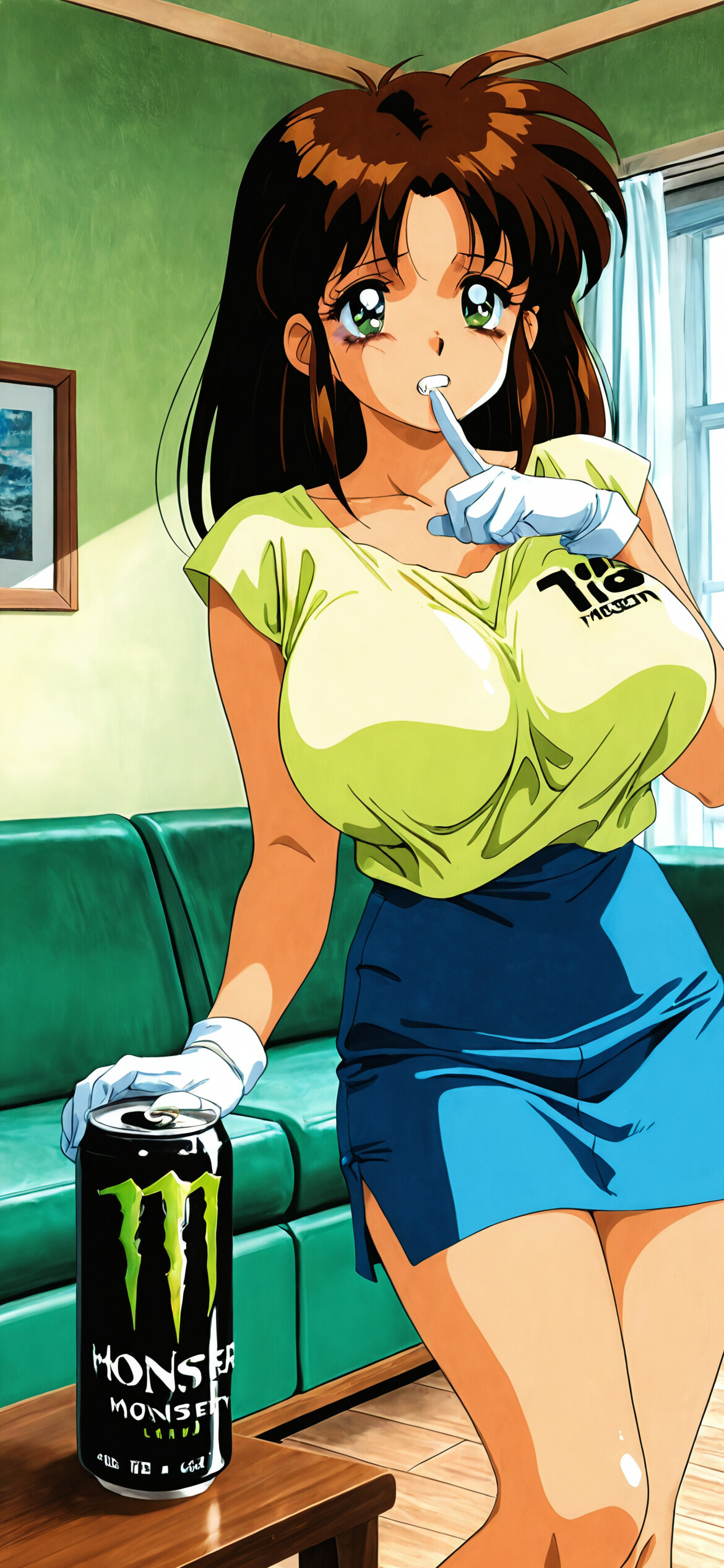 A 90s-style anime illustration of Natsumi Tsujimoto with brown hair and green eyes, wearing a black tank top and blue skirt. She is sitting on a green couch, pointing at the viewer with two cans of Monster Energy drink nearby.