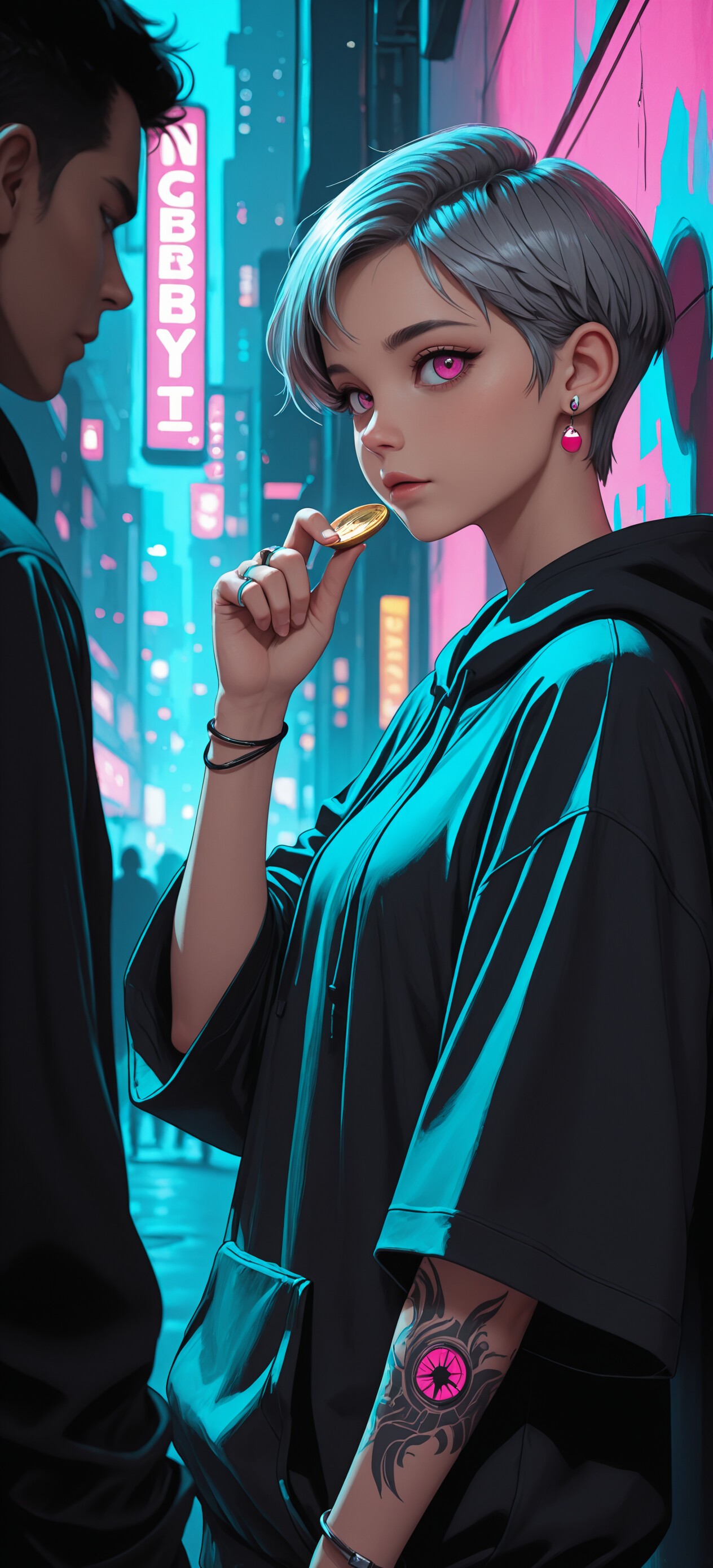 An anime-style illustration of a young woman with short grey hair and purple eyes in a cyberpunk city. She wears a black hoodie, has a neck tattoo, and holds a gold coin while leaning against a wall lit by neon signs.