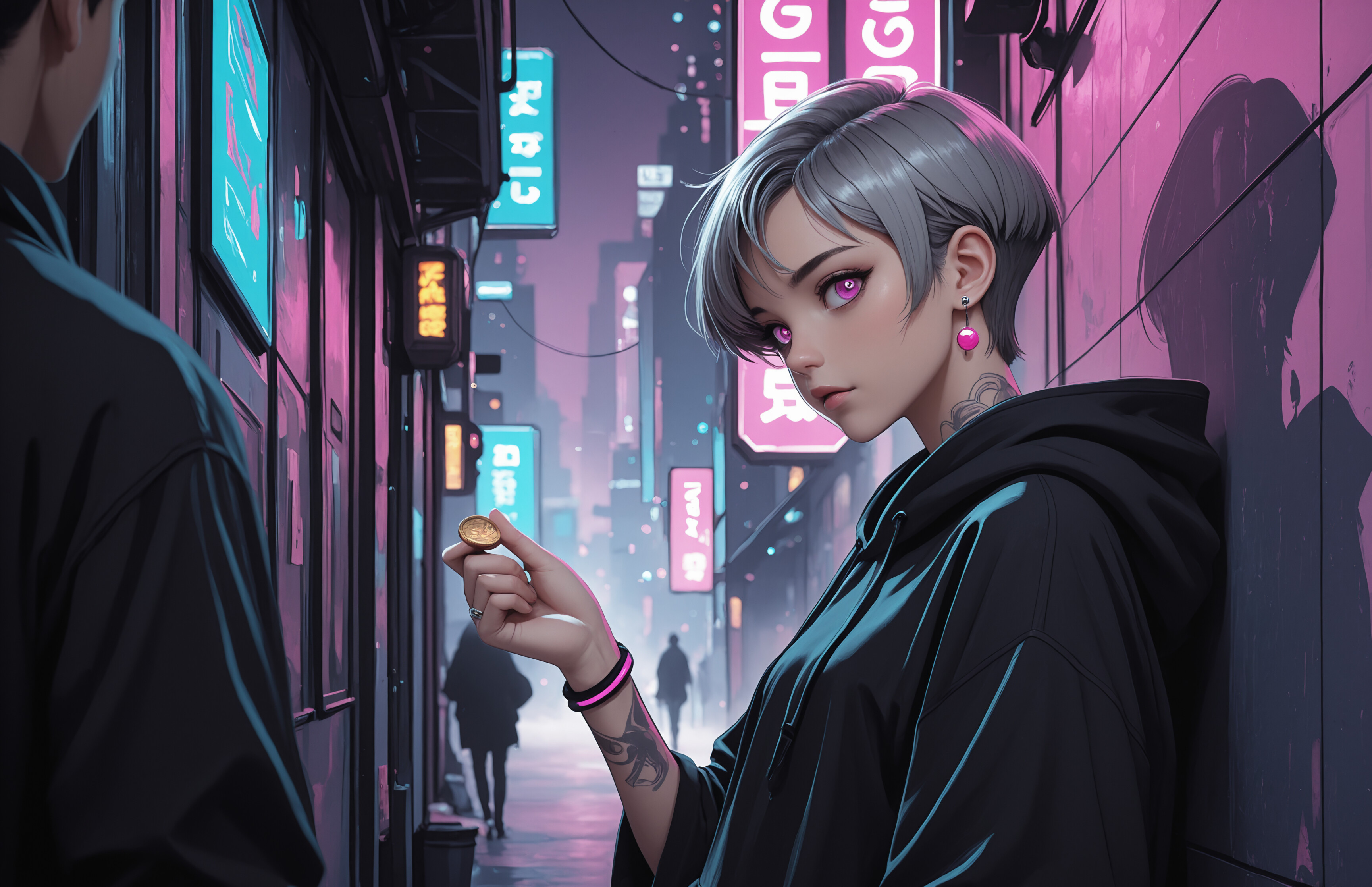 An anime-style illustration of a young woman with short grey hair and purple eyes in a cyberpunk city. She wears a black hoodie, has a neck tattoo, and holds a gold coin while leaning against a wall lit by neon signs.