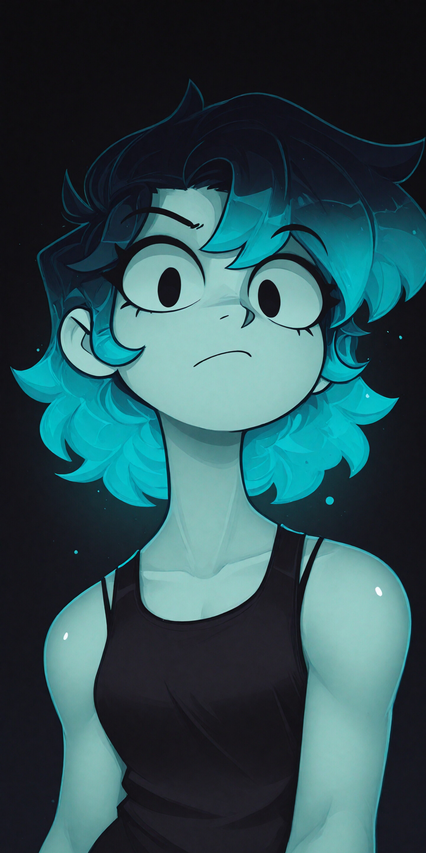 A stylized digital illustration of a young woman named Rae with short, messy hair that glows a bright cyan blue in the dark. She has large eyes and a surprised expression, wearing a black tank top against a black background.