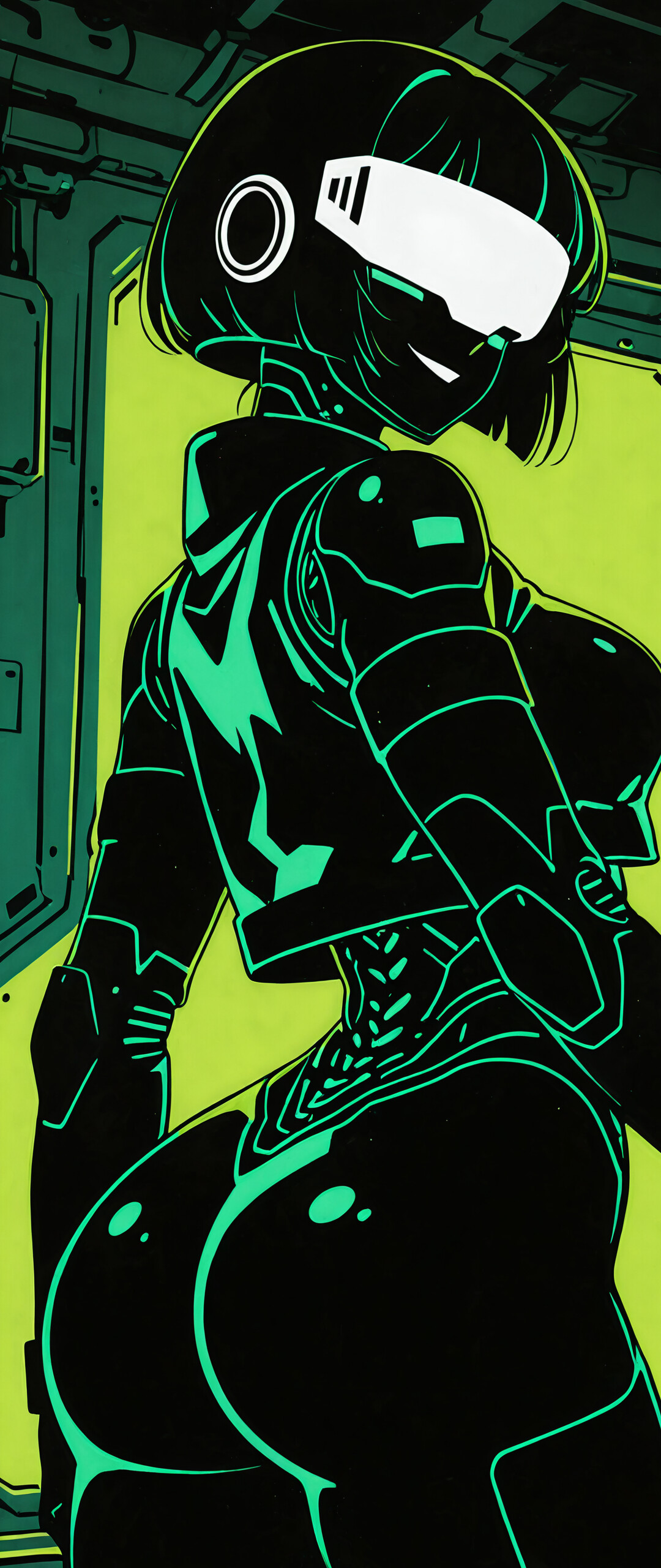 An illustration of a female-presenting robot in a sleek black suit and helmet with a pink visor, standing inside a spaceship cockpit illuminated by bright green computer screens.