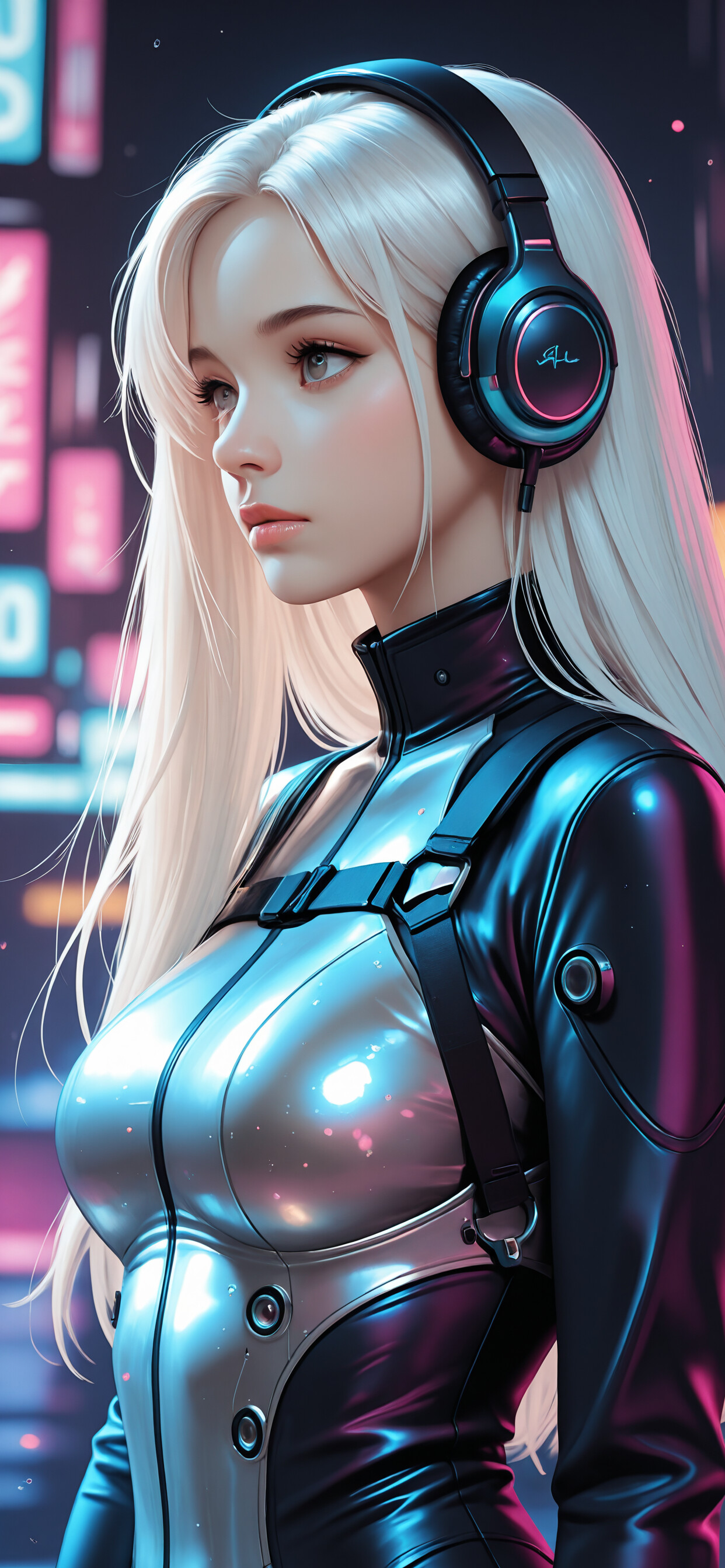 A young woman with long white hair in a three-quarter profile view, wearing black over-ear headphones and a futuristic shiny jacket, set against a blurry background of neon city lights.