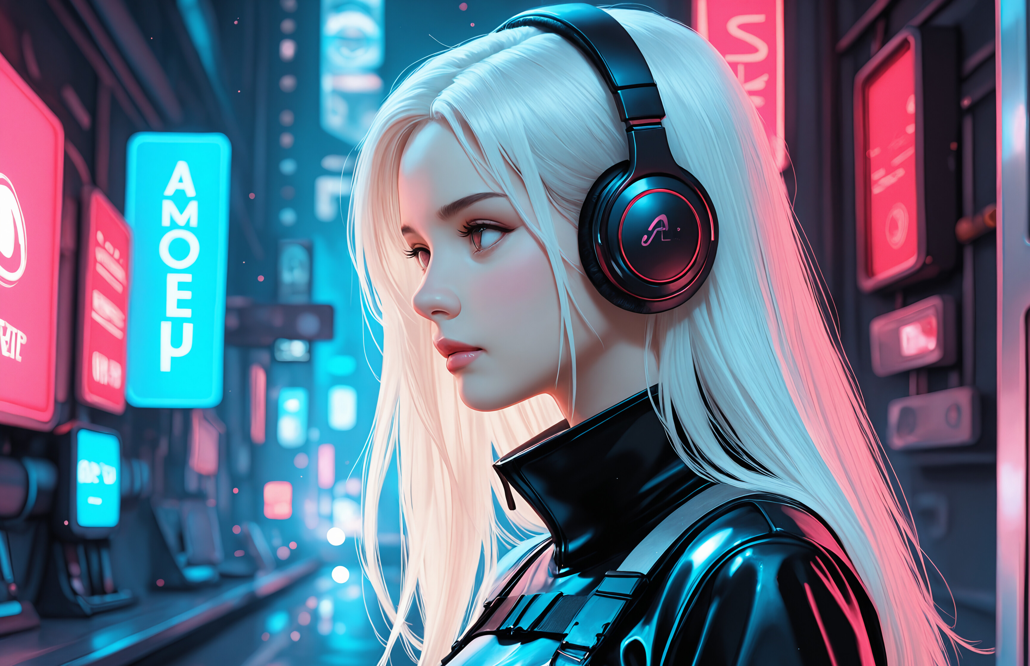 A young woman with long white hair in a three-quarter profile view, wearing black over-ear headphones and a futuristic shiny jacket, set against a blurry background of neon city lights.