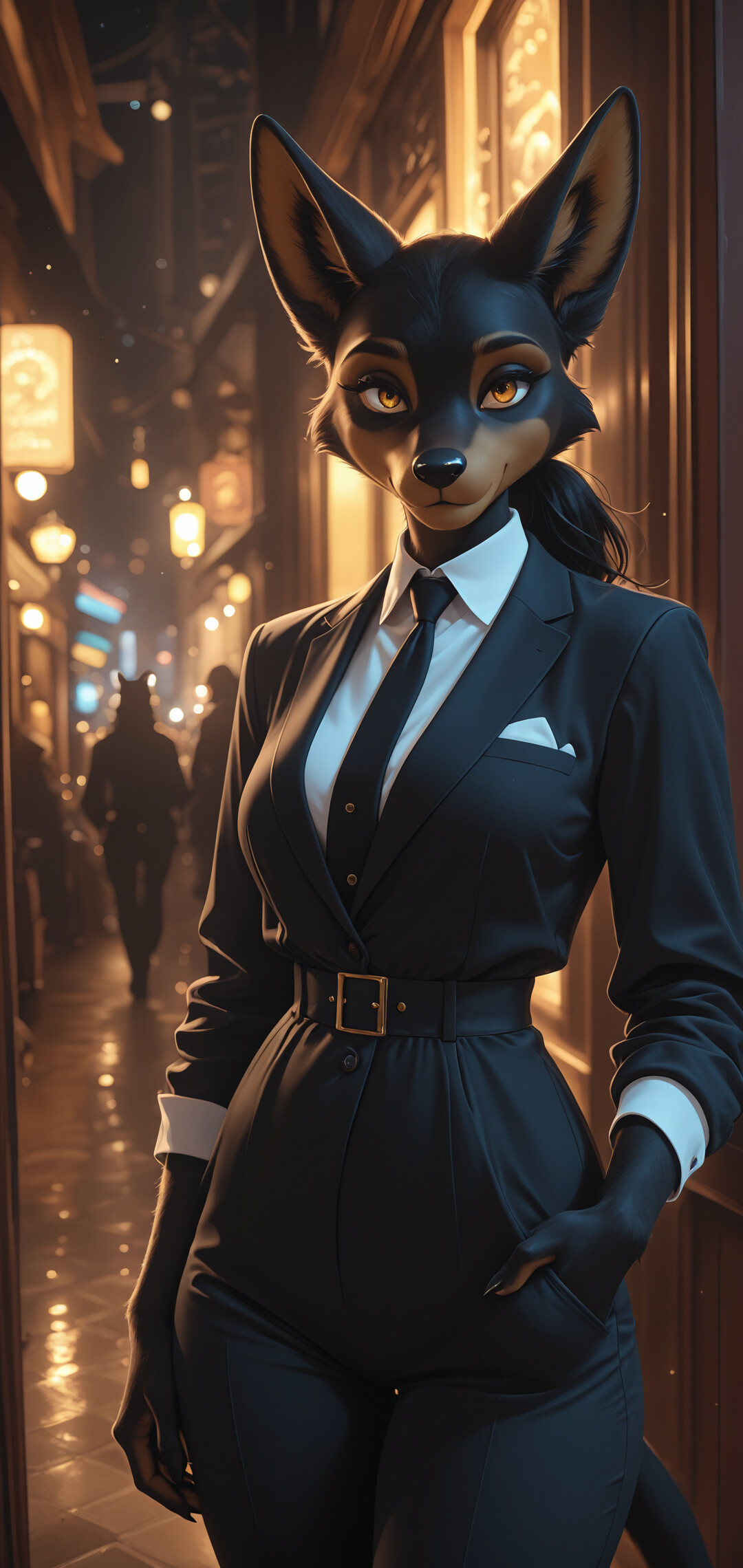 An anthropomorphic female fox with black and tan fur, dressed in a black trench coat and white shirt, standing in the middle of a warmly lit, narrow cobblestone street at night.