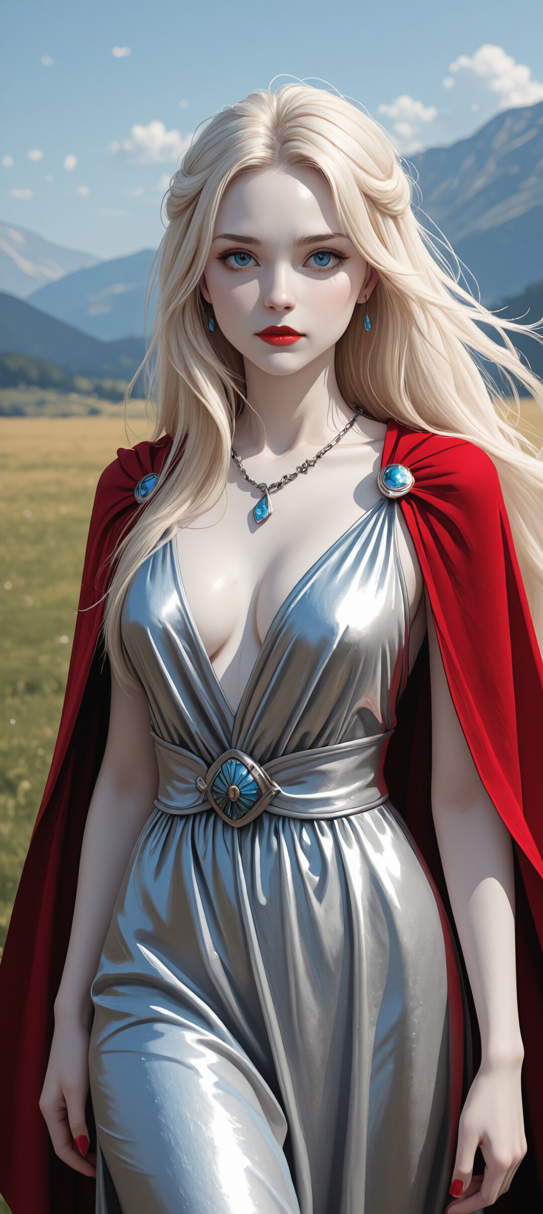 A portrait of the Norse goddess Freyja, a beautiful woman with long blonde hair and blue eyes, wearing a shimmering silver dress and red cape while standing in a golden field.