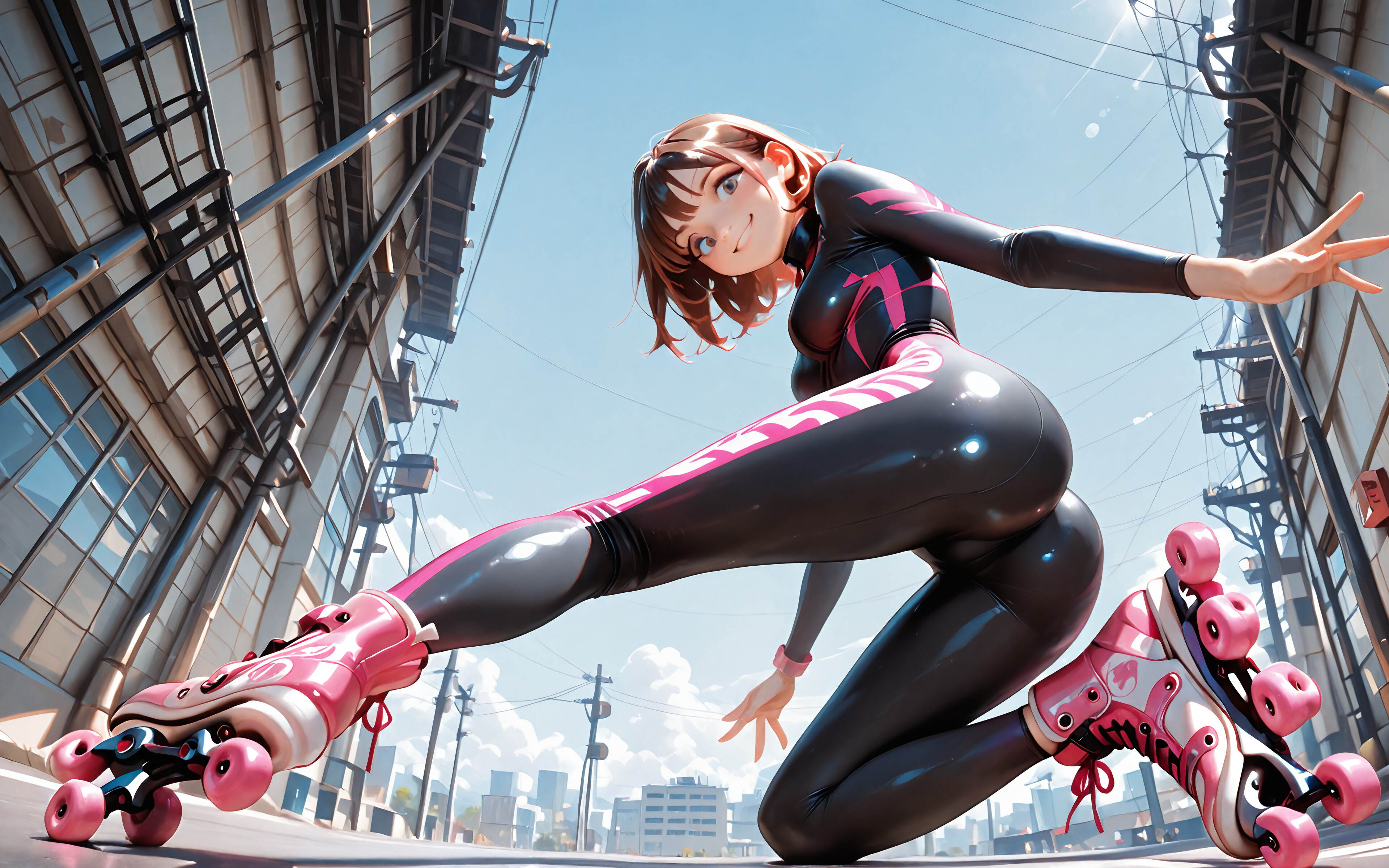 A full-body, low-angle illustration of the anime character Ochako Uraraka wearing a tight black and pink bodysuit and pink roller skates. She is on a city street, bent over and smiling back at the viewer.