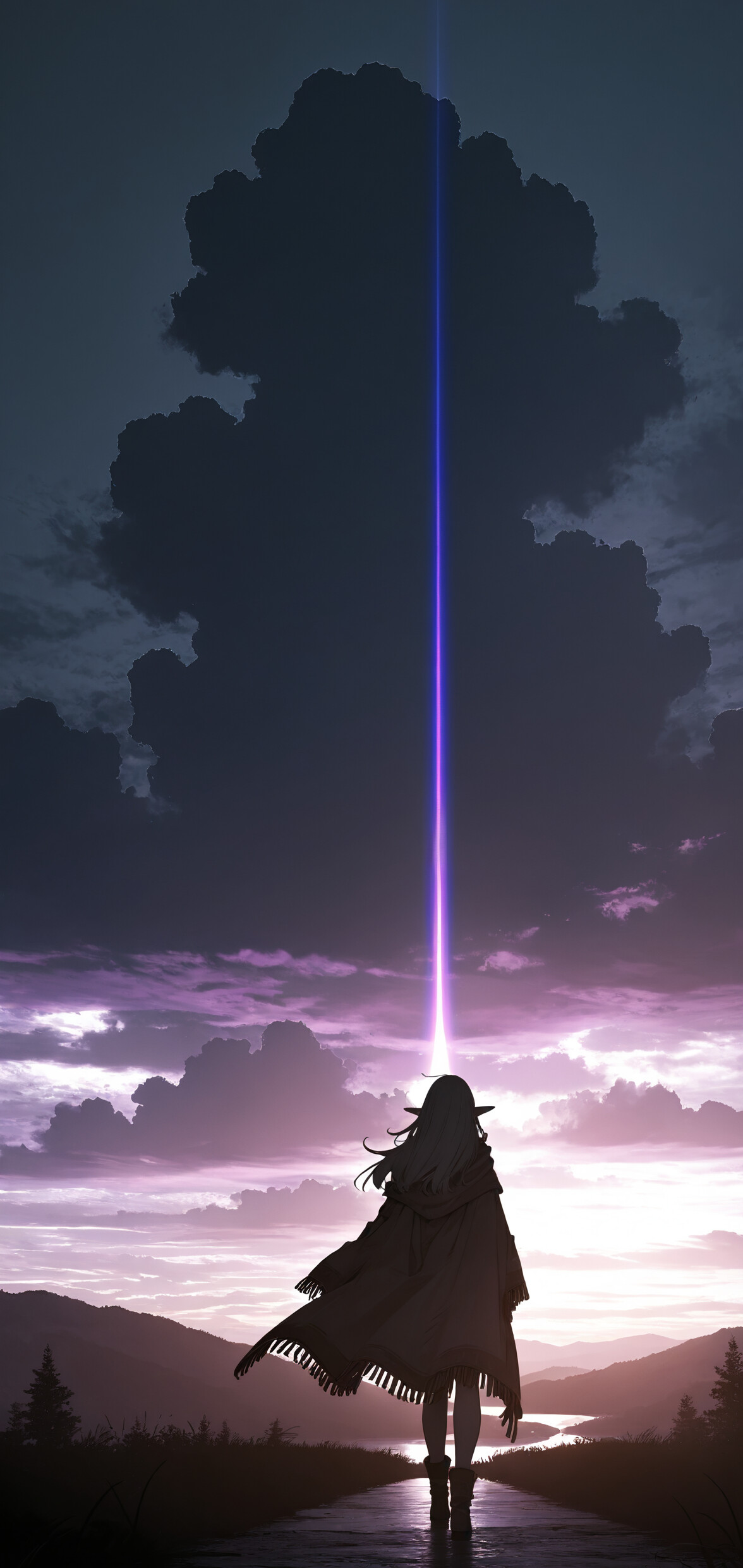 A full-length illustration of a young elf with long white hair and glowing eyes standing on a mountain cliff. They wear a long, dark, patterned cloak and look out over a valley as the sun rises or sets behind the mountains.