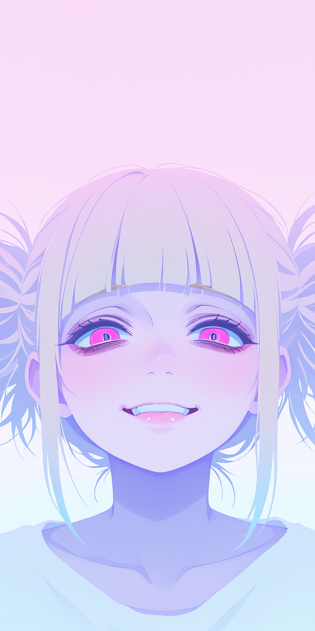 A digital illustration of Himiko Toga from My Hero Academia. She has blonde hair in two messy buns, bright blue eyes, and is giving a wide, fanged smile. The artwork uses a soft pastel color palette with a pink and blue gradient background.
